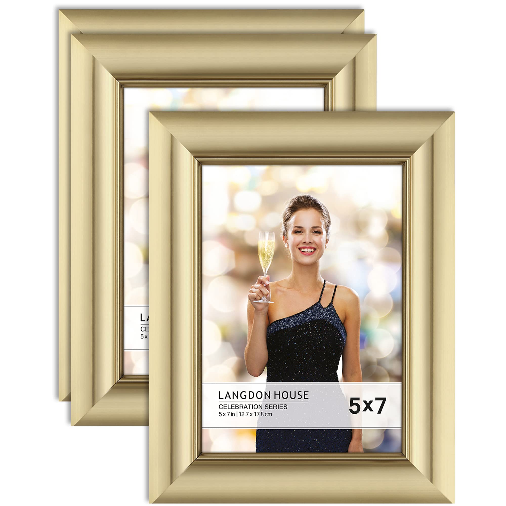 Gold 5x7 Picture Frames 3 Pack - Wall or Tabletop Display for Home & Office Decor