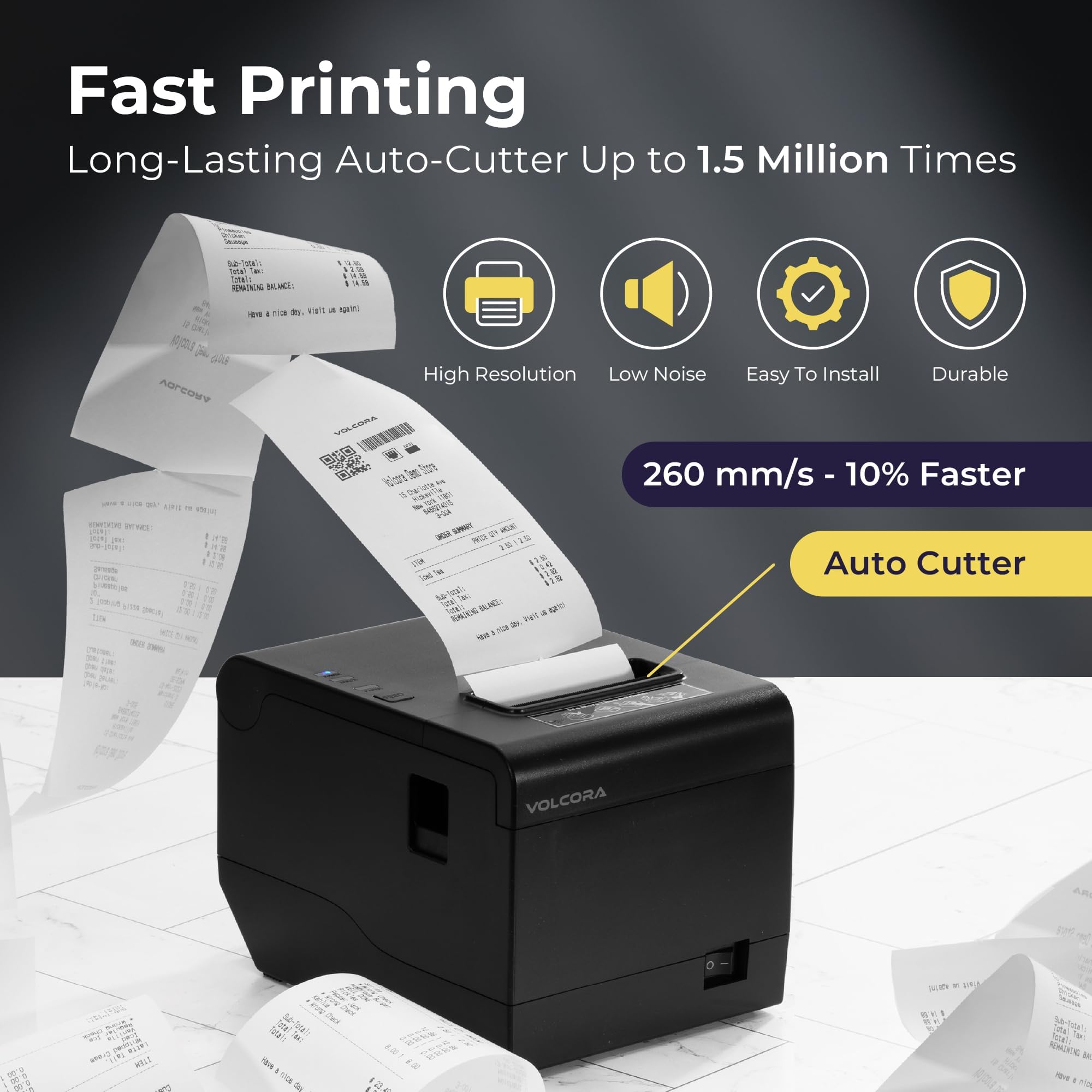 Volcora 80mm Thermal POS Printer with Auto Cutter - USB/WiFi Connectivity for Windows/MAC/Linux - ESC/POS Command Support - High-Speed Kitchen & Retail Receipt Printer - Wall Mountable (Black) - Perfect for Restaurants, Retail Stores, and Small Businesses
