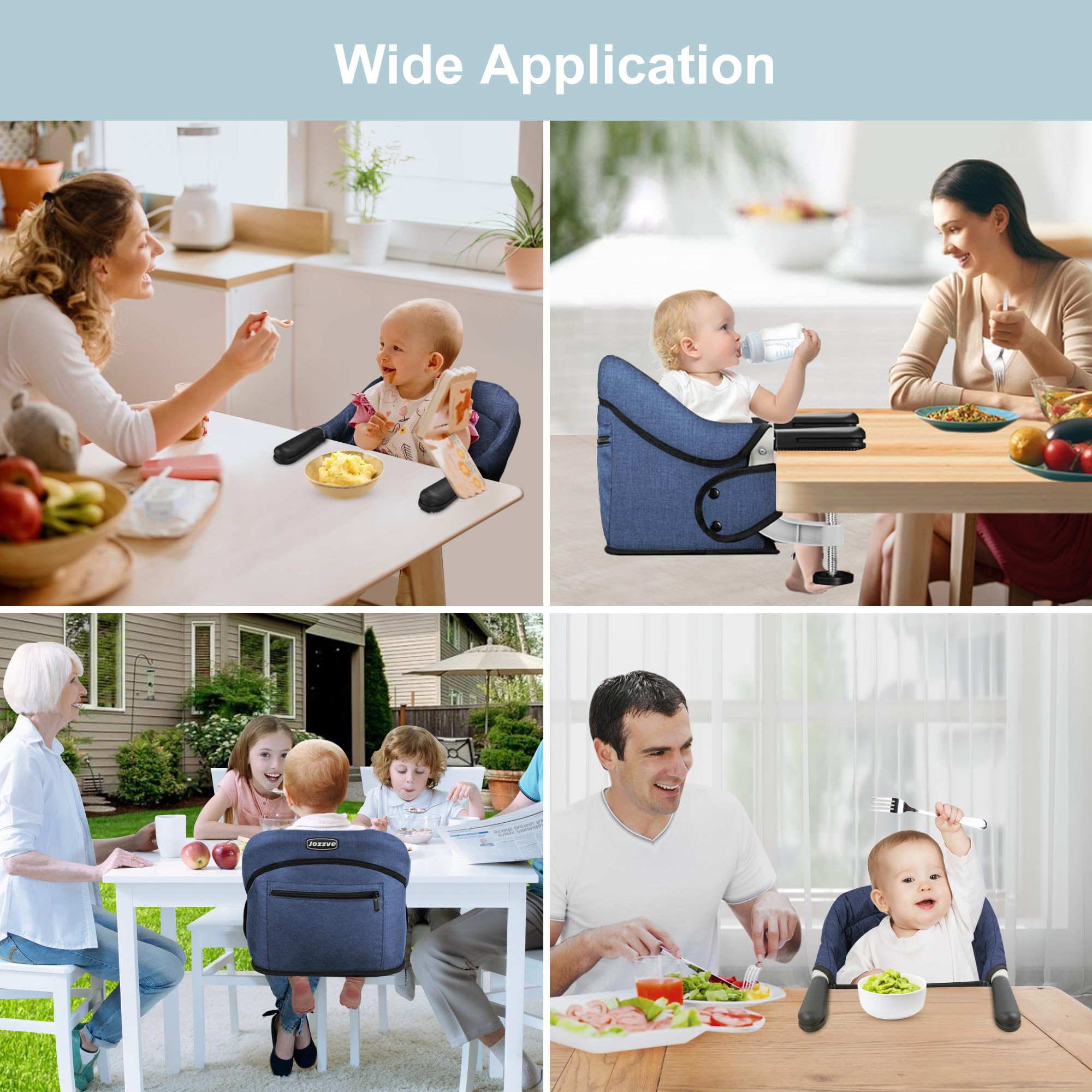 Jozzve Hook On High Chair - Portable & Foldable Baby Feeding Seat with Storage Bag for Home & Travel - Navy | Ideal for Dining, Outdoor Picnics & Restaurant Use
