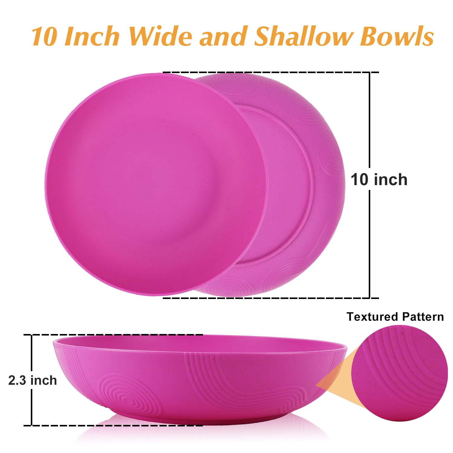 65 oz Large Wheat Straw Salad Bowls 2 Pack - 10 Inch Wide & Shallow Reusable Plastic Serving Bowls - Dishwasher Safe for Cereal, Pasta, Fruit - Perfect for Family Dinners, Picnics, Party Snacks (Pink)