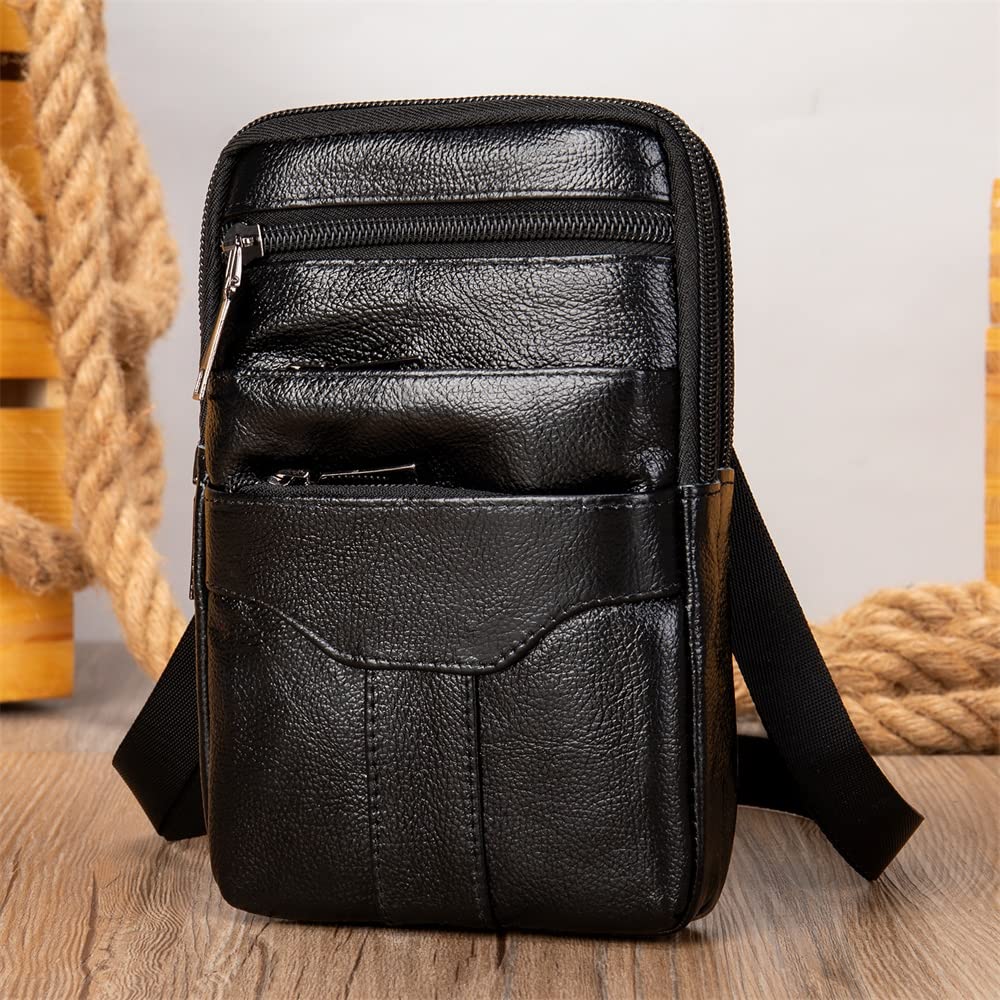Premium Leather Shoulder Holster for Cell Phone & Mini Tablet - Black Vertical Messenger Bag with Belt Clip & Carabiner - Ideal for Travel, Work & Outdoor Activities