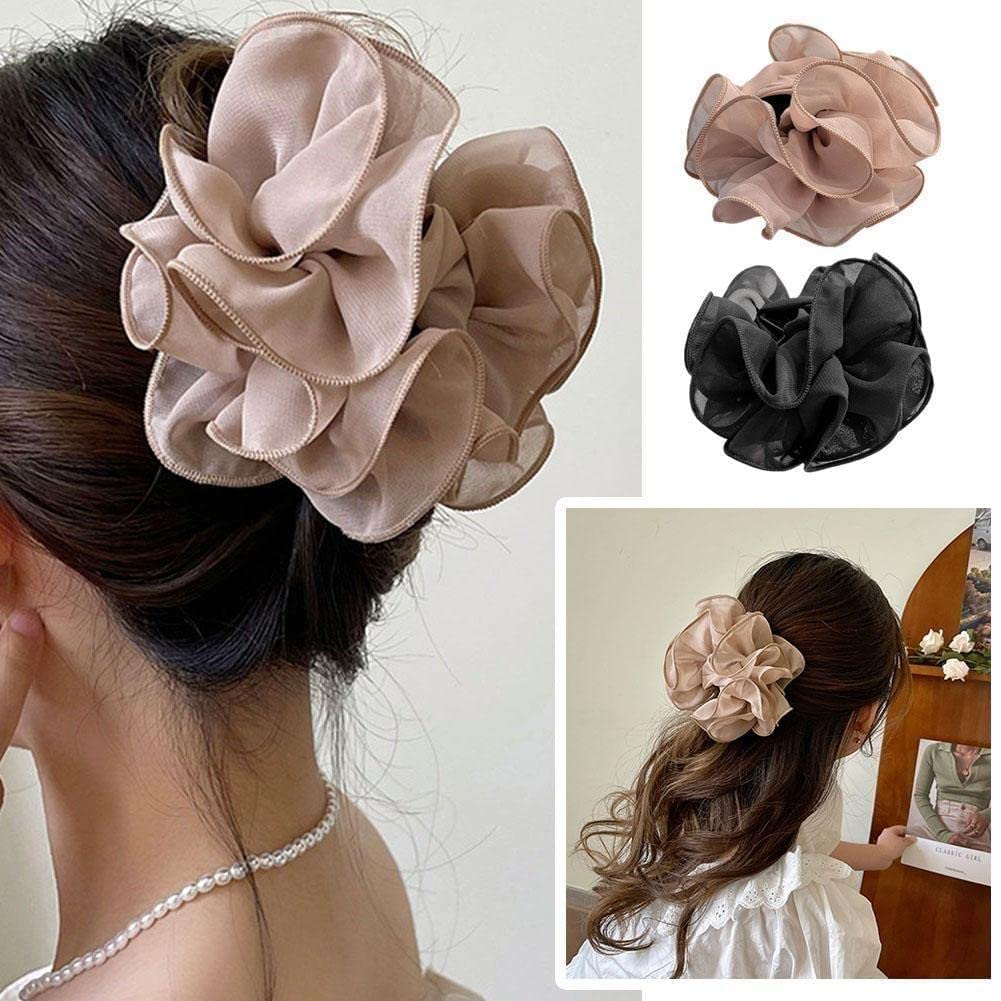 Elegant Black Chiffon Claw Clip Hair Bow with Fabric Ribbon & Silk Flower - Perfect for Parties, Weddings & Everyday Hairstyles