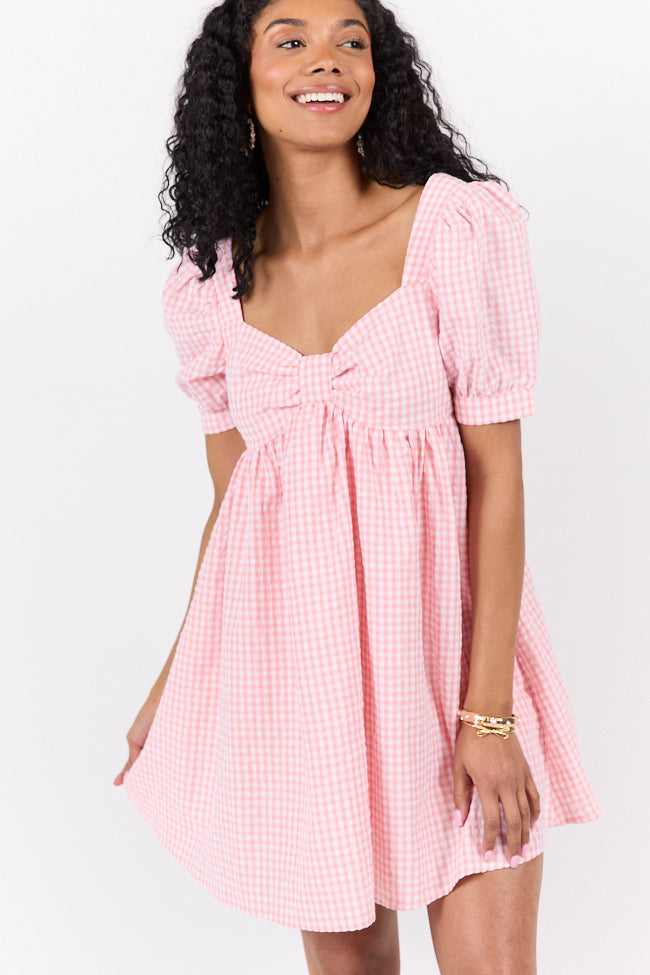 Strawberry Fields Pink Gingham Mini Dress - Floral Print Summer Dress for Women, Casual Sundress with Puff Sleeves | Perfect for Picnics, Beach Outings & Date Nights