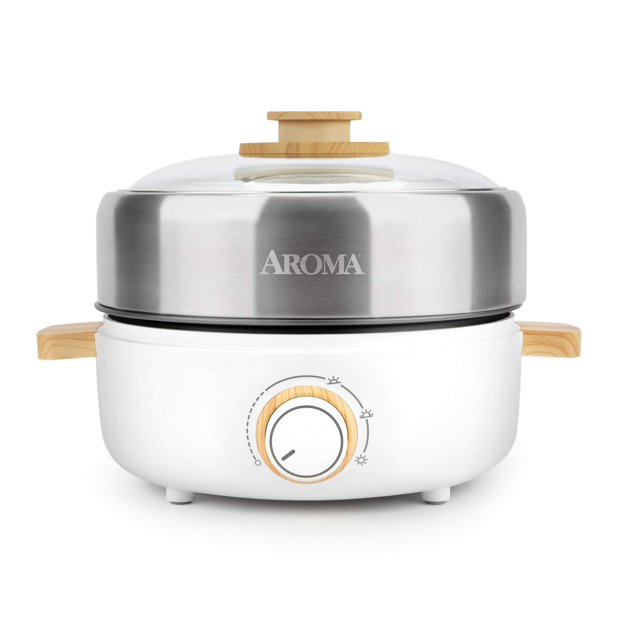 **Aroma Housewares AMC-130 2.5L Stainless Steel & White Whatever Pot with Glass Lid & Bamboo Handles – Indoor Grill, Hot Pot, Multi-Purpose Cooking for Home, Camping & Parties**