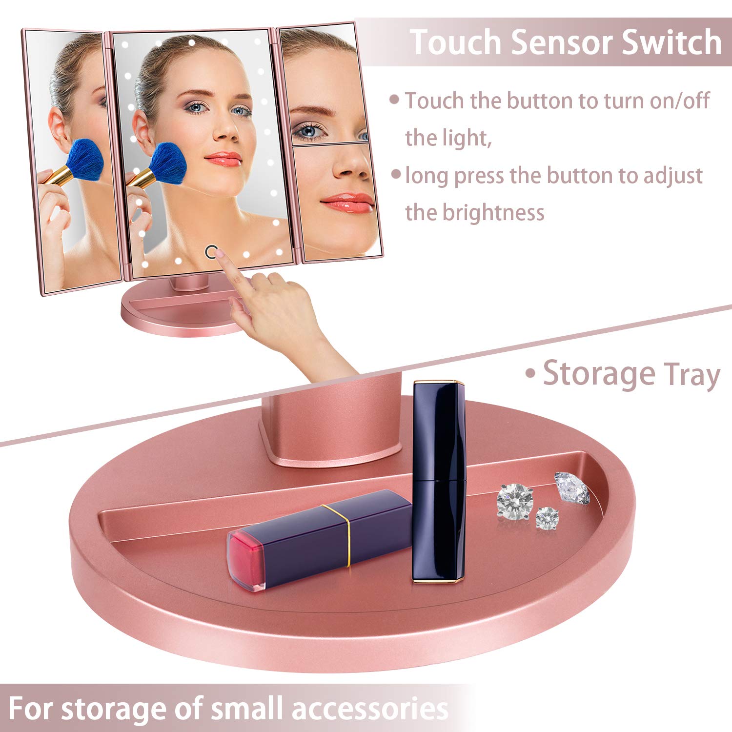 **Dewisn Lighted Vanity Makeup Mirror with 3X/2X/1X Magnification, 21 LED Lights, Touch Screen Dimmable, Dual Power Supply - Rose Gold | Perfect for Home, Travel & Professional Makeup Application**