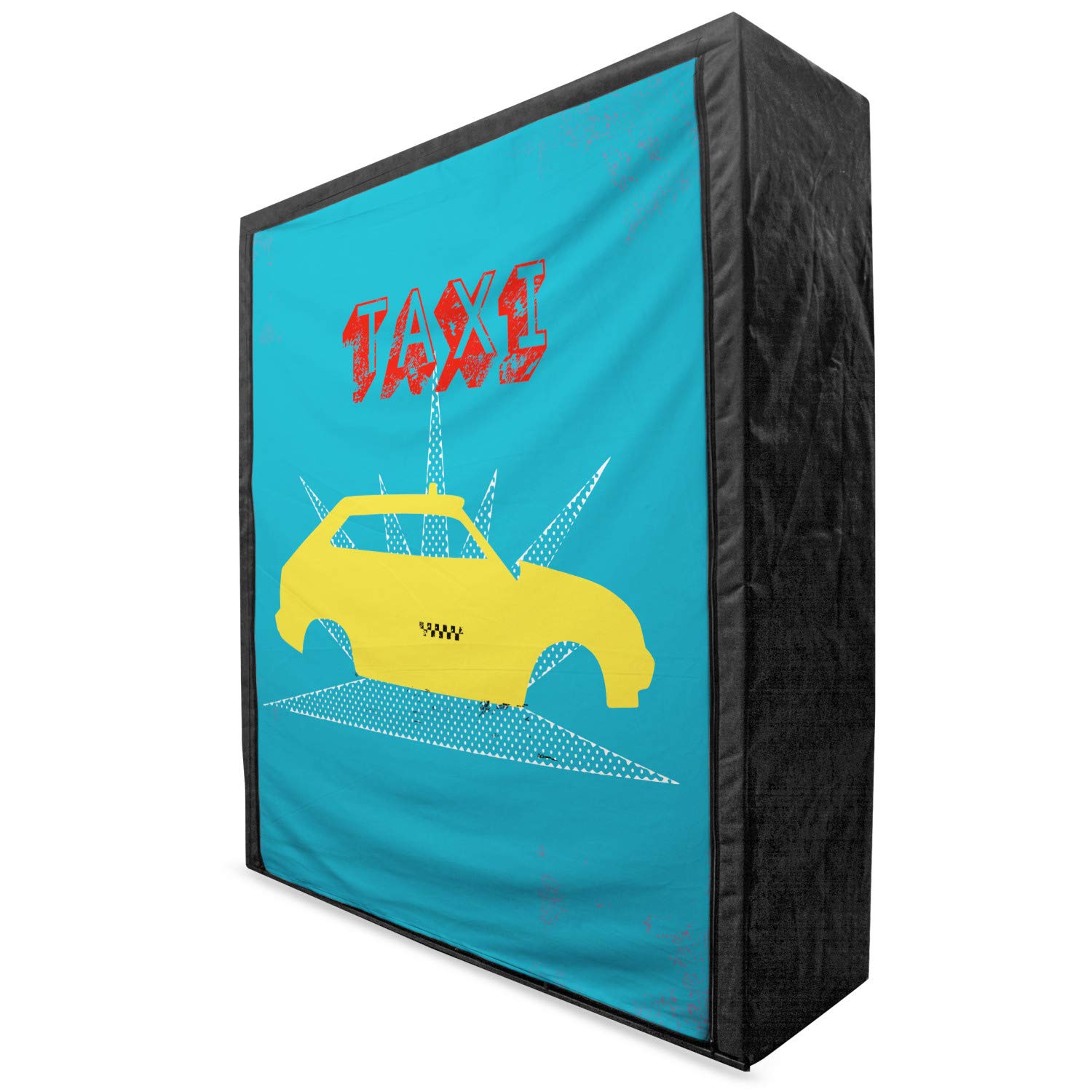 Ambesonne Retro Portable Fabric Wardrobe - Vintage Taxi Cab Design with Grunge Typography 90s Style, 59 Inch Clothing Organizer & Storage Closet with Shelves in Petrol Blue & Yellow - Perfect for Bedroom, Dorm, or Small Space Organization