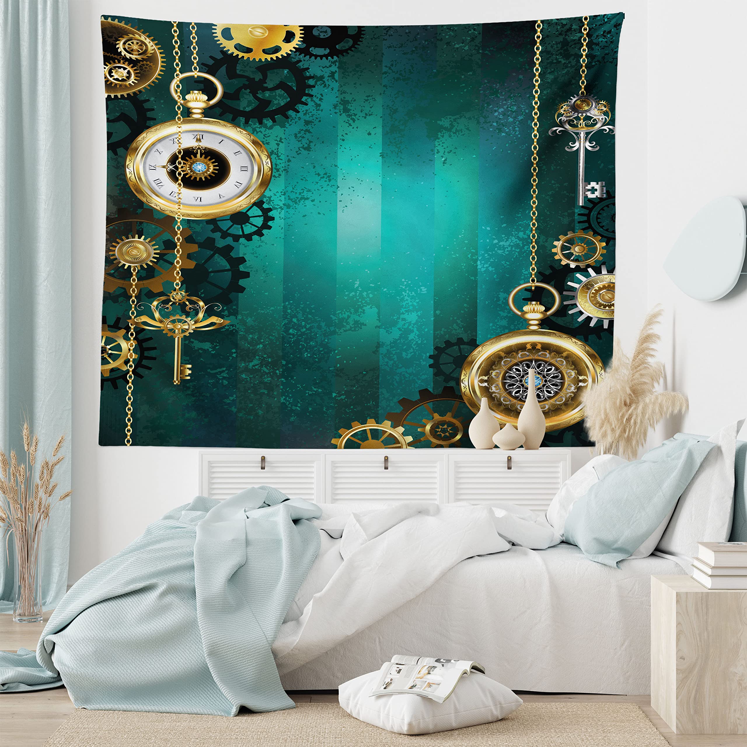 Ambesonne Steampunk Tapestry - Antique Watches & Keys Wall Art for Bedroom, Living Room, Dorm Decor (30
