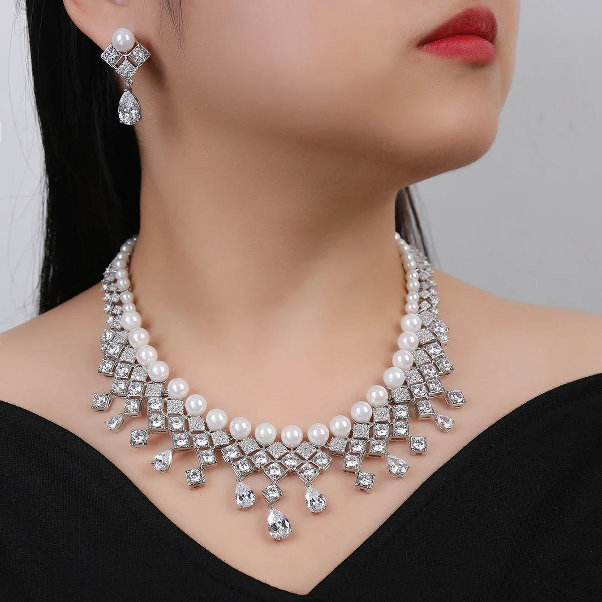 Luxury 2Pcs Pearl & Cubic Zirconia Necklace Earrings Set for Women - White, Red, Blue Jewelry for Wedding, Party & Special Occasions | Elegant Bridal & Evening Wear Accessories