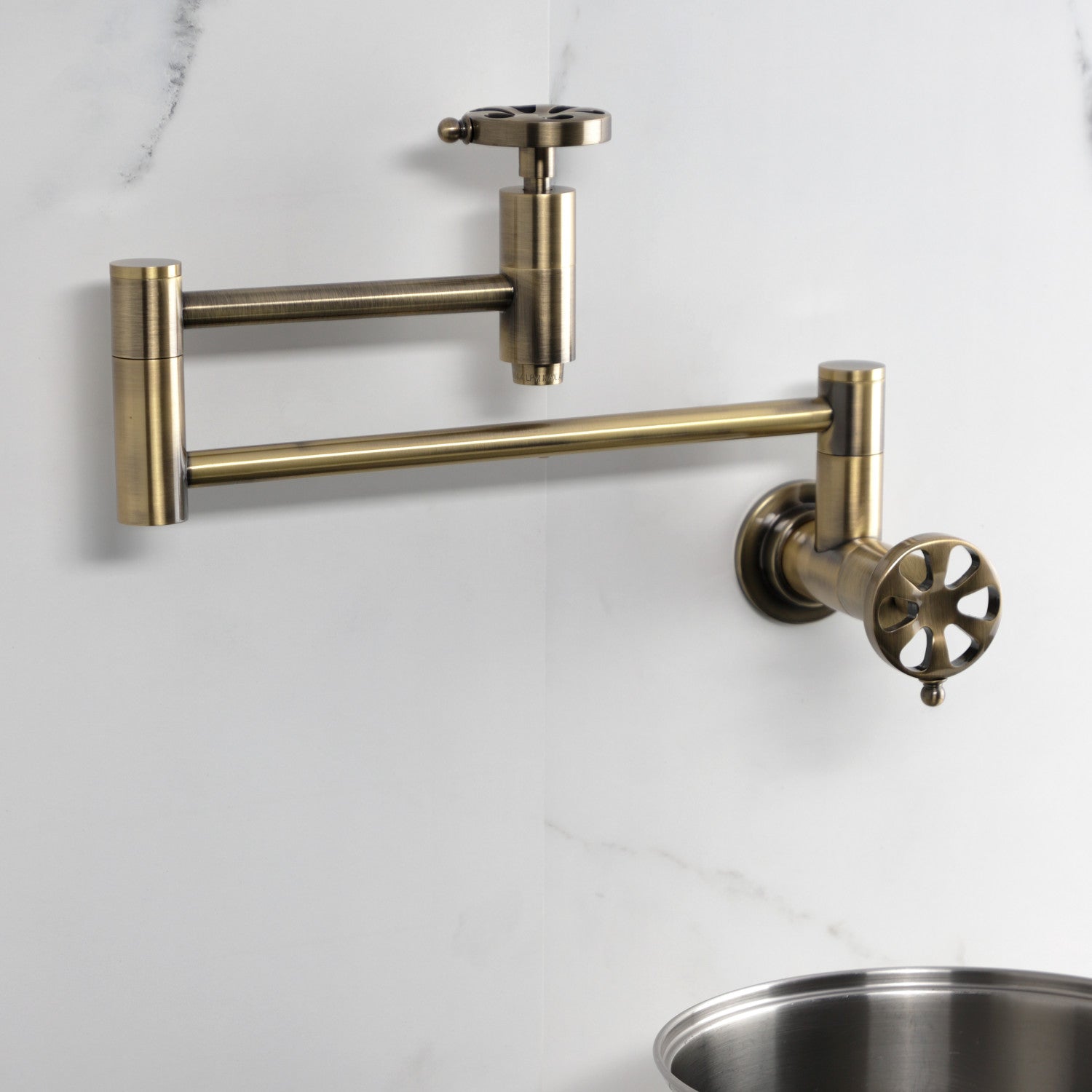 Belknap KS8103RX Two Handle Wall Mount Pot Filler Faucet in Antique Brass - Perfect for Kitchen Sink, Stove & Cooking Area Water Dispenser
