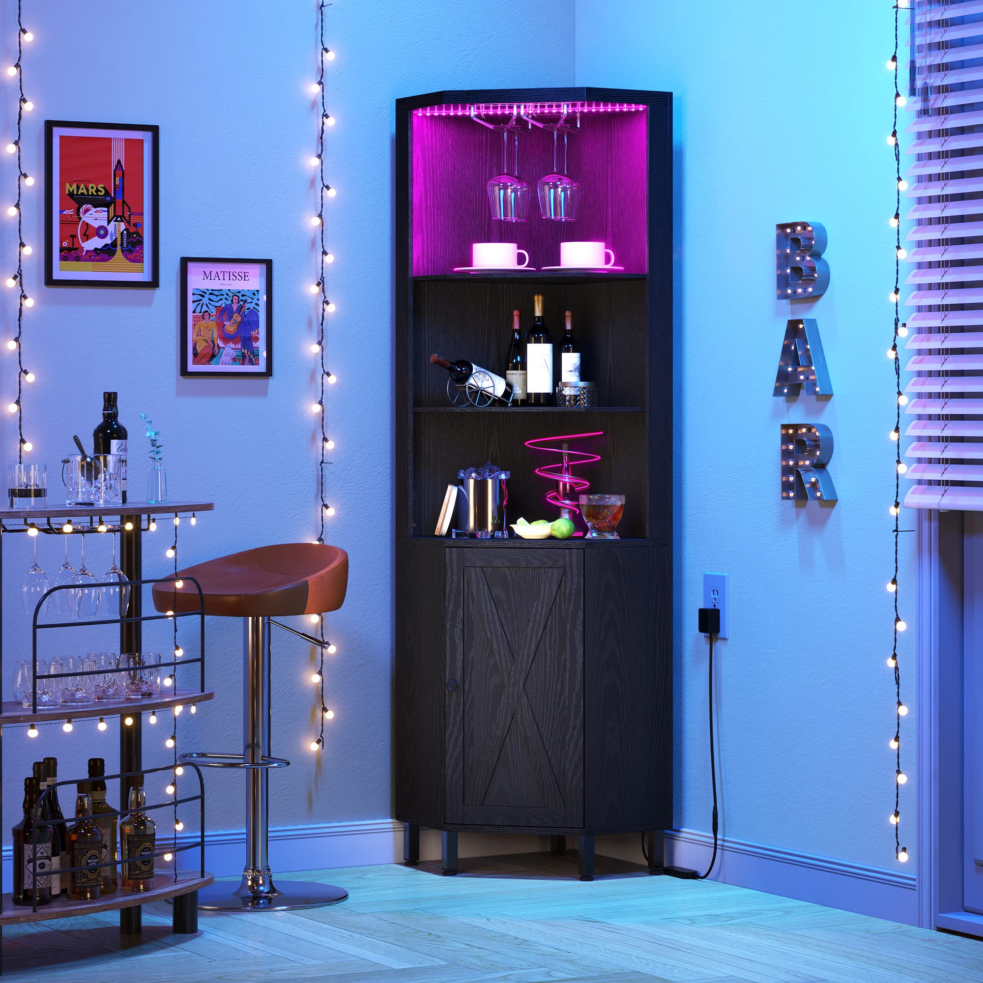YITAHOME 5-Tier Corner Bar Cabinet with LED Lights & Glass Holder - Wine Rack Storage Shelf for Living Room, Dining Room, Kitchen - Black - Perfect for Home Bars, Entertaining Guests & Displaying Liquor Collections