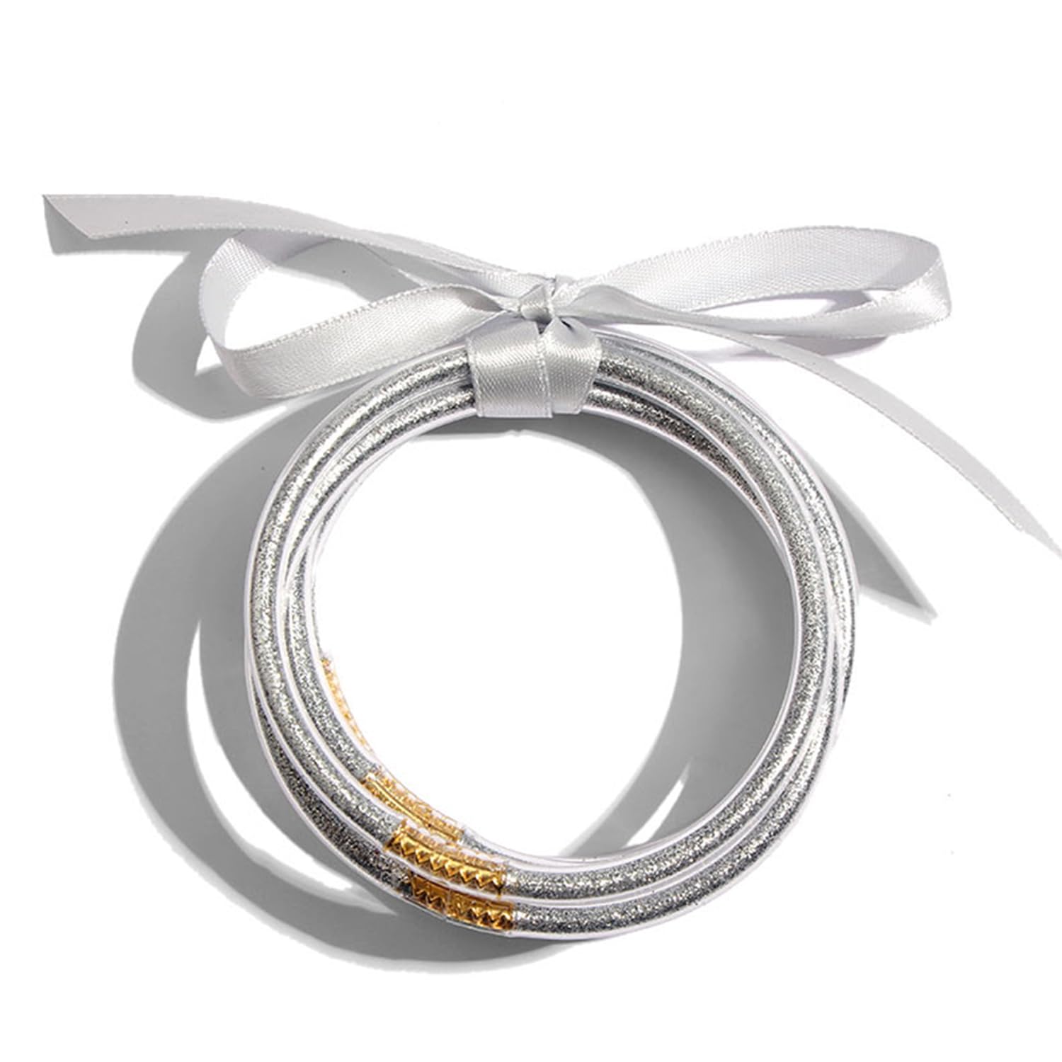 ATIMIGO Bowknot Jelly Bangle Bracelets Set - Lightweight Cute Glitter Filled Stackable Silicone Bracelets for Women & Girls - Perfect for Parties, Gifts, and Everyday Wear