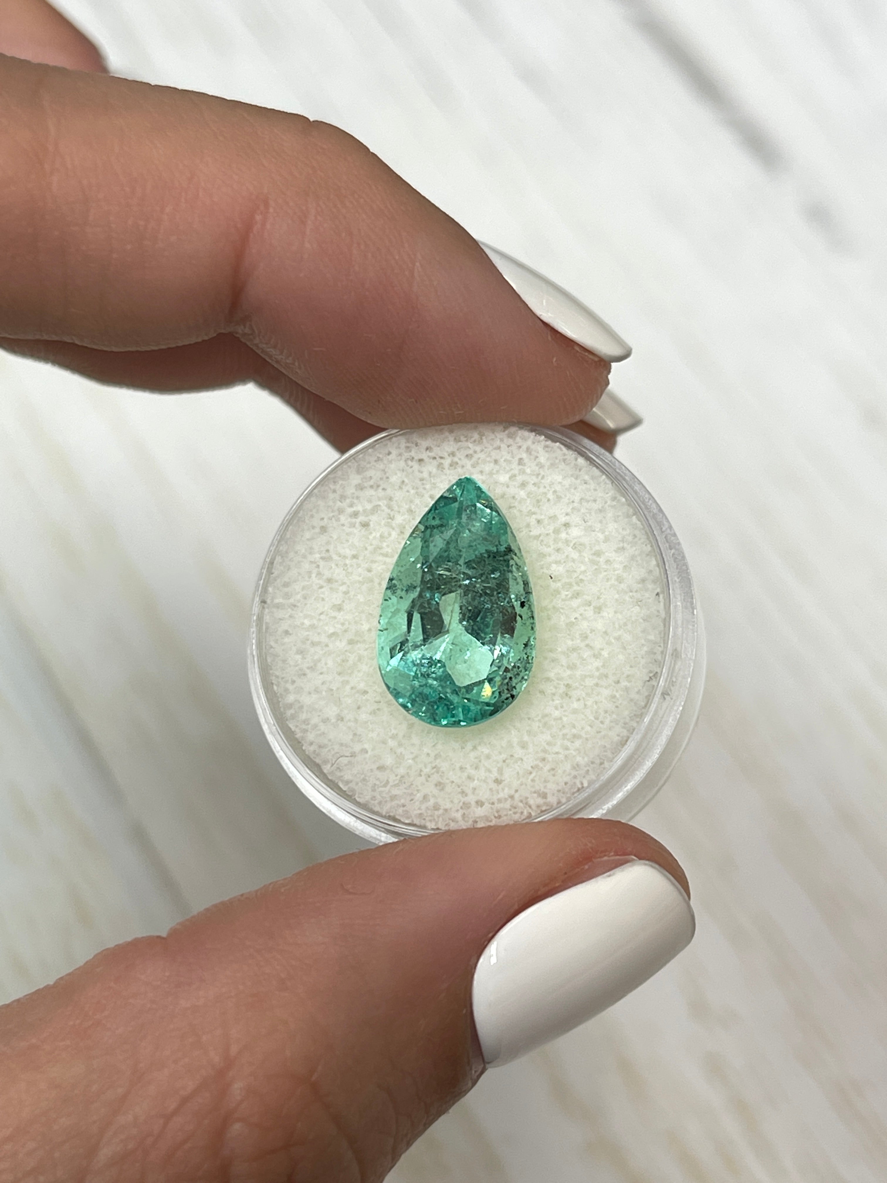 6.41 Carat 16x10mm Light Green Freckled Natural Loose Colombian Emerald Pear Cut Gemstone for Jewelry Making & Engagement Rings