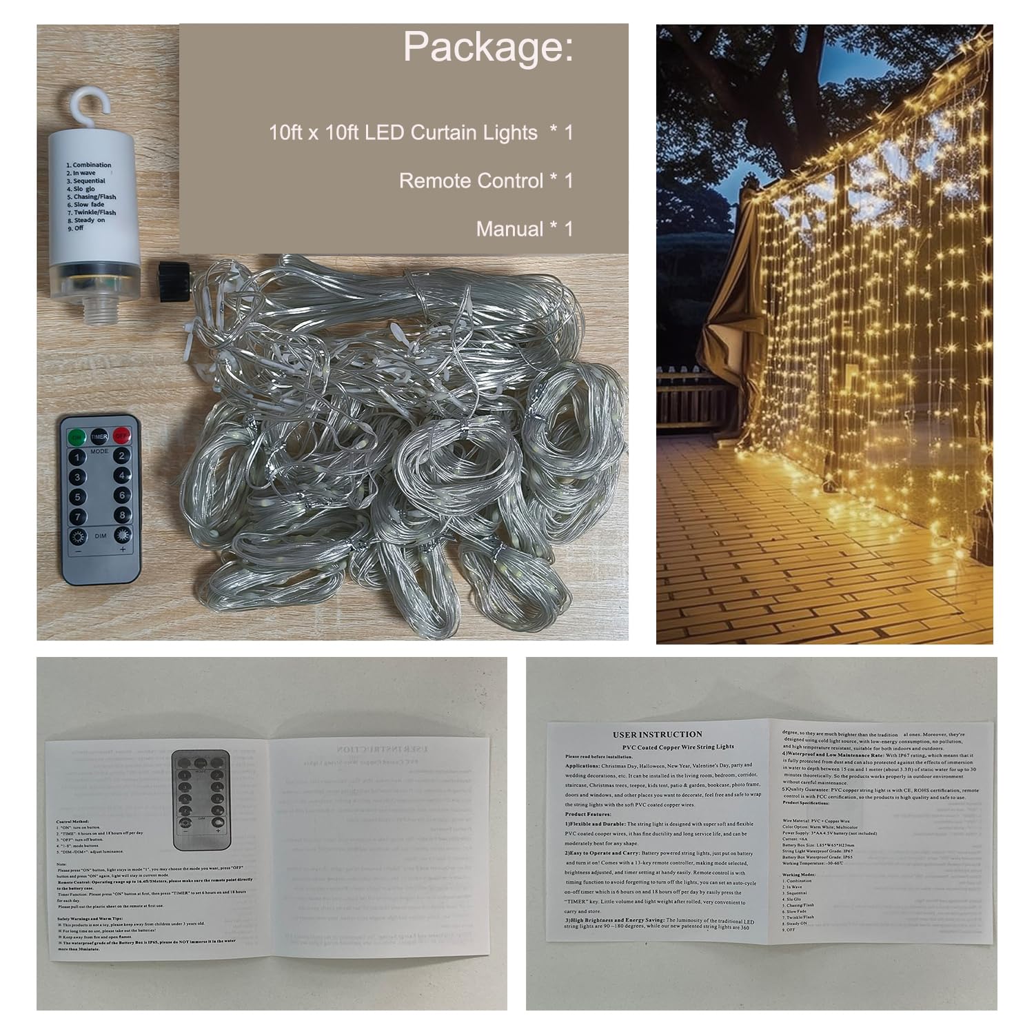 300 LED Battery Operated Waterproof Curtain Lights - 10ft x 10ft Outdoor Twinkle Fairy String Lights with Remote Control & 8 Modes (Warm White) for Bedroom, Porch, Gazebo, Wedding, Party, Garden, Christmas Decorations