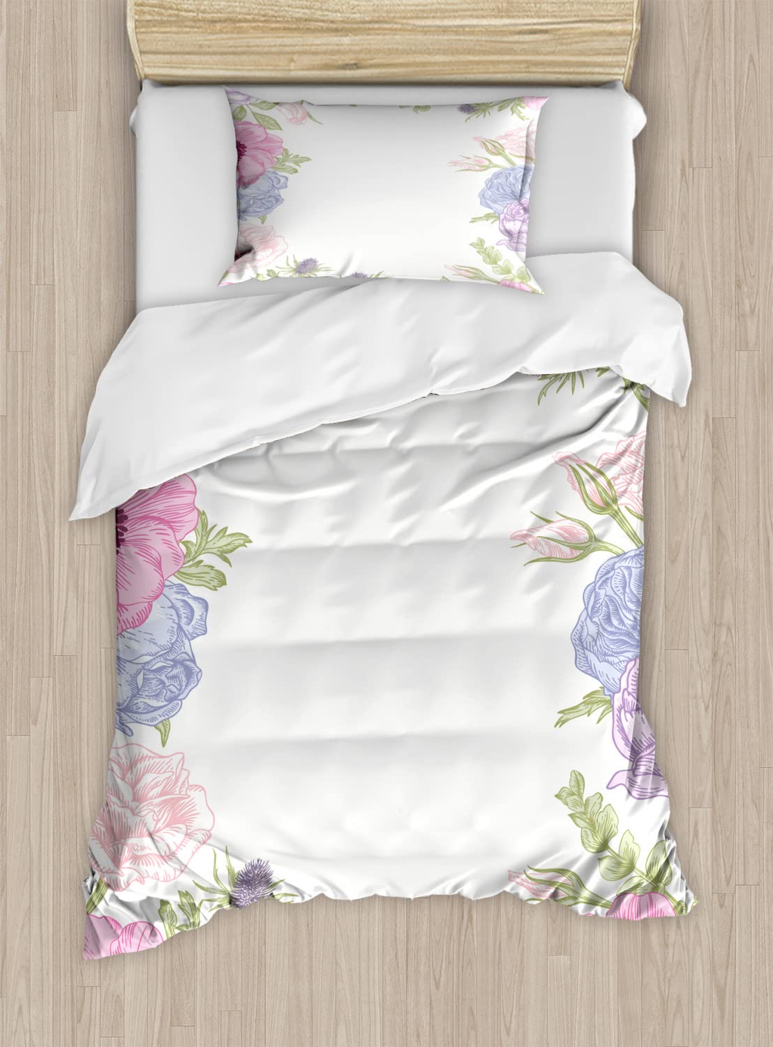 Ambesonne Anemone Flower Duvet Cover Set - Hand Painted Summer Floral Design in Pink, Pale Blue & Green - 2-Piece Twin Size Bedding with 2 Pillowcases - Perfect for Bridal Wedding Theme & Coastal Bedroom Decor