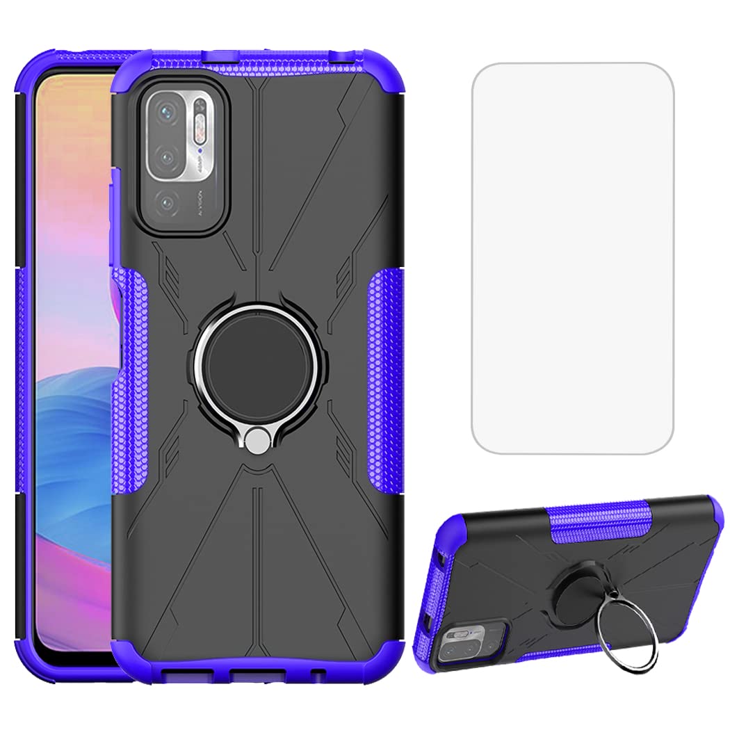 Premium Shockproof Phone Case for Redmi Note 10 5G/Poco M3 Pro/Redmi Note 10T 5G - Includes Tempered Glass Screen Protector & Metal Ring Holder Kickstand - Durable Protection Cover for Xiaomi Redmi Note 10 5G (Purple) - Perfect for Work, Travel and Everyday Use