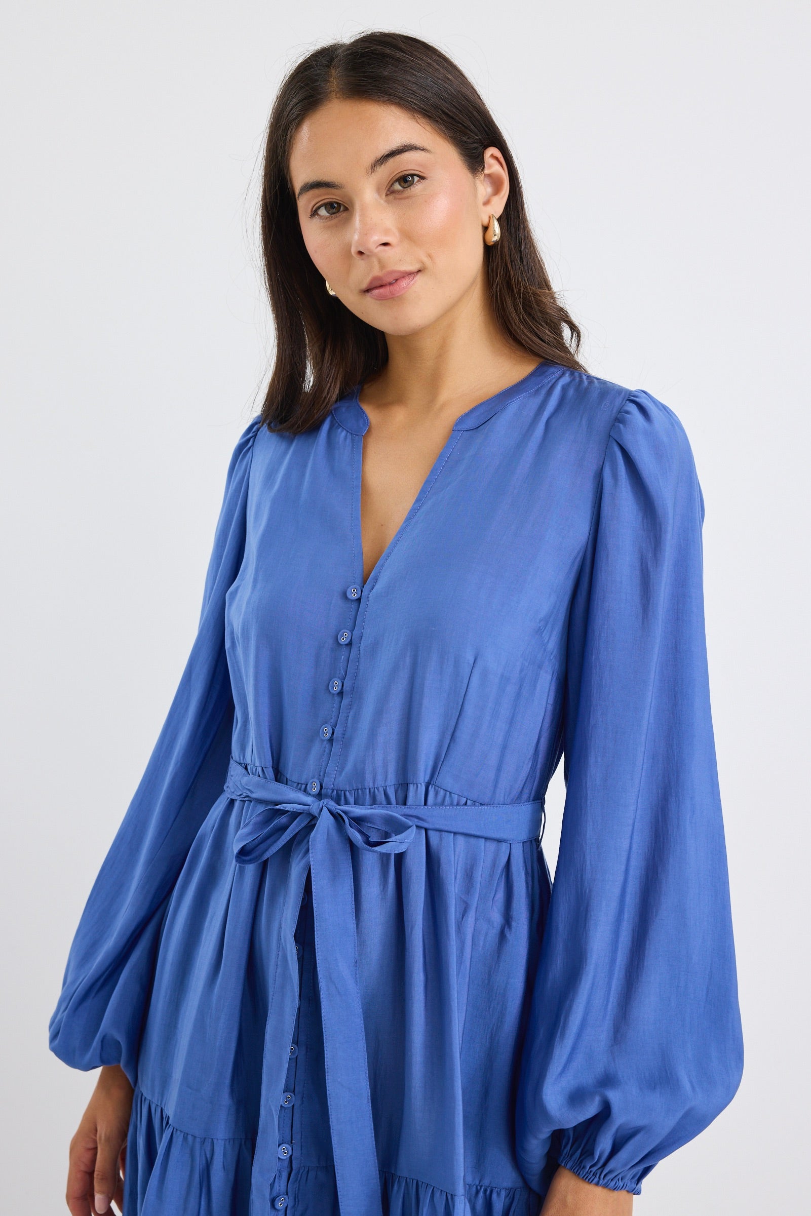 Applause Women's Ocean Blue Balloon Sleeve Button Front Midi Dress - Perfect for Summer Weddings, Beach Vacations & Date Nights