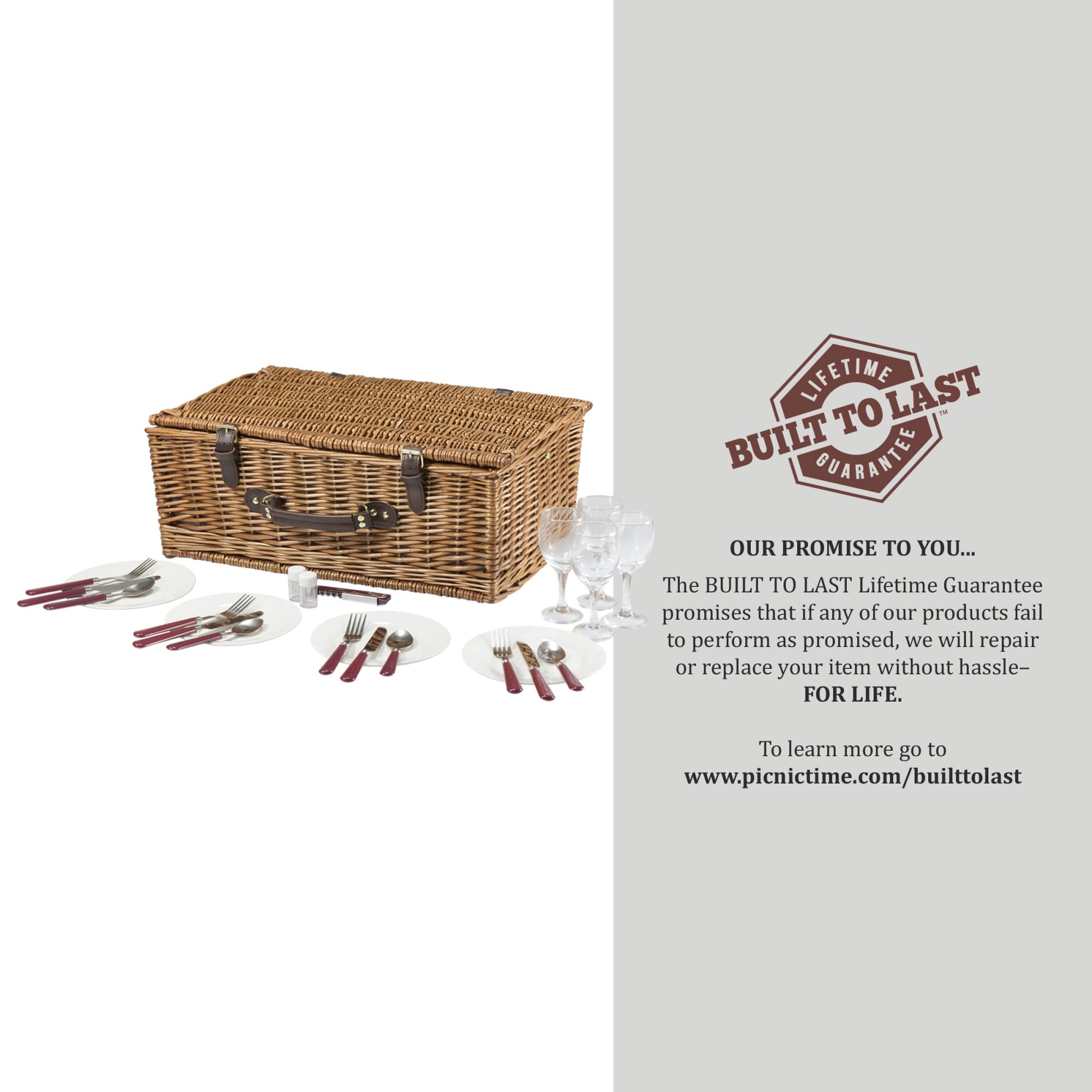 **PICNIC TIME Newbury Wicker Picnic Basket Set for 4 Persons – Navy Blue & Burgundy Plaid – Outdoor Picnics, Beach Trips & Romantic Dates**