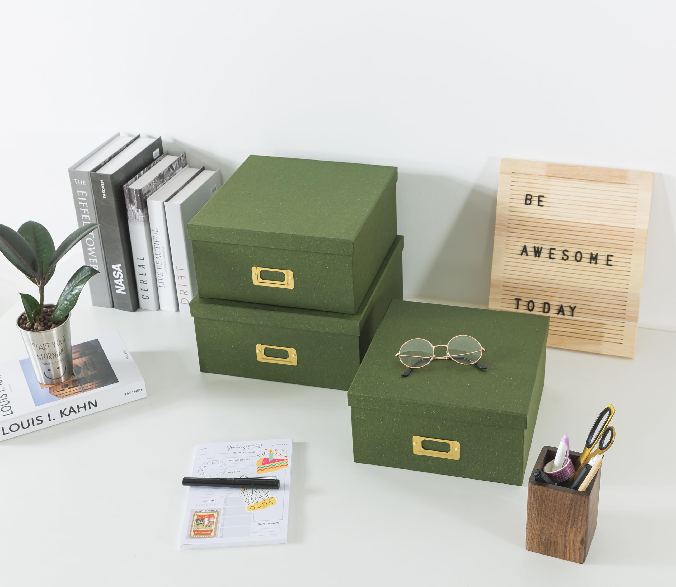 Eco-Friendly Green Kraft Paper Storage Boxes - Set of 3 Square Stackable Boxes with Lids & Gold Label Holders for Home Organization, Photo Storage, and Decorative Display | Perfect for Living Room, Bedroom, and Office Decor