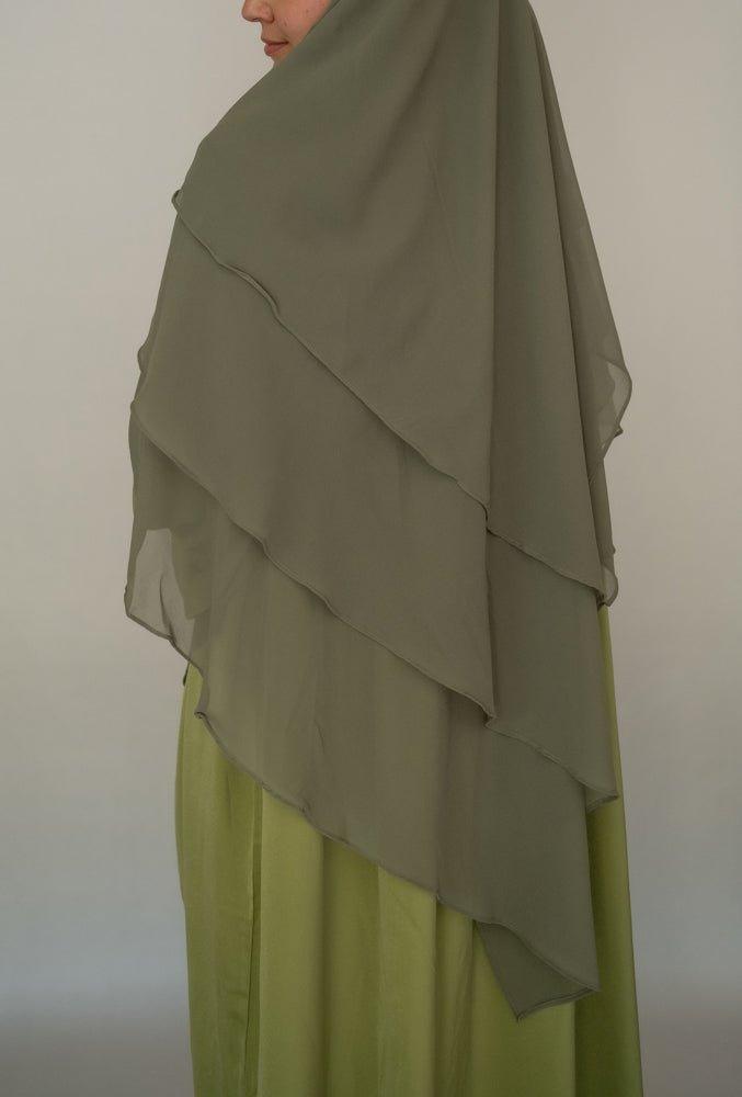 Munawara Green 3-Layer Chiffon Khimar Hijab Niqab - Modest Islamic Veil for Women, Perfect for Prayer, Daily Wear & Special Occasions