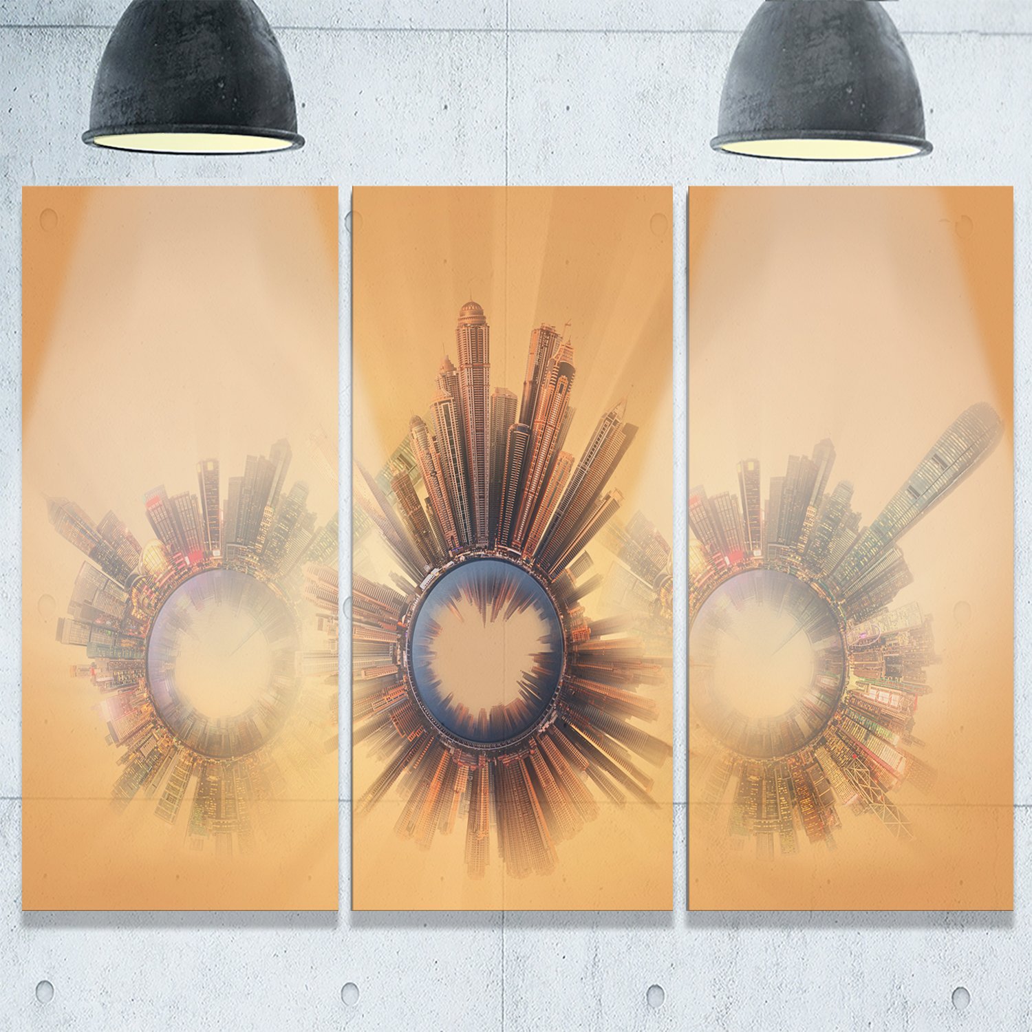 Designart MT10067-3P Blue Abstract Metal Wall Art Set - Miniature Earth Planets with Skyscrapers (3 Panels, 36x28 Inches) - Modern Home & Office Decor for Living Room, Bedroom, or Workspace