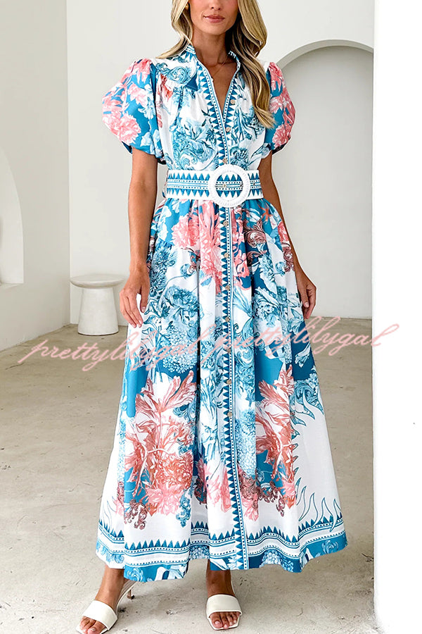 Stylish Floral Print Puff Sleeve Button-Down Belted Maxi Dress for Women | Summer Beach Wedding Party Outfit | Perfect for Vacations, Date Nights & Special Occasions