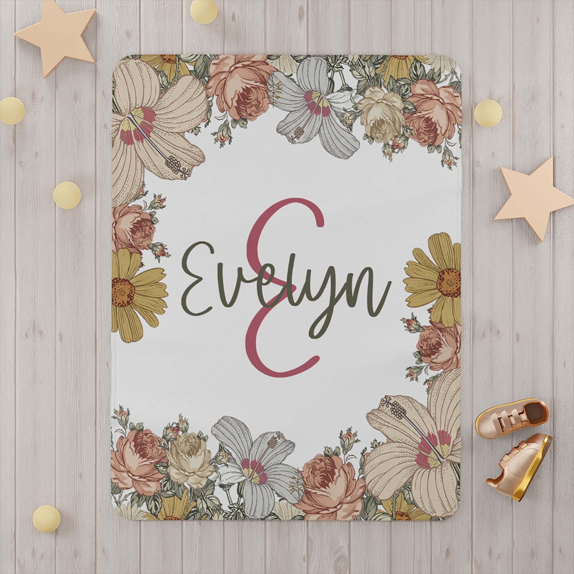 Personalized Baby Blankets with Name - Vintage Floral Swaddling Blanket for Newborn Girls | Perfect Baby Shower Gift & Nursery Essential