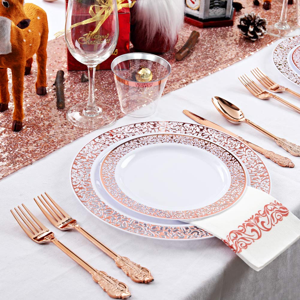350-Piece Rose Gold Plastic Dinnerware Set with Disposable Silverware & Napkins - Elegant Lace Design Plates for Weddings, Parties, and Special Events - Perfect for Bridal Showers, Birthday Celebrations, and Outdoor Gatherings