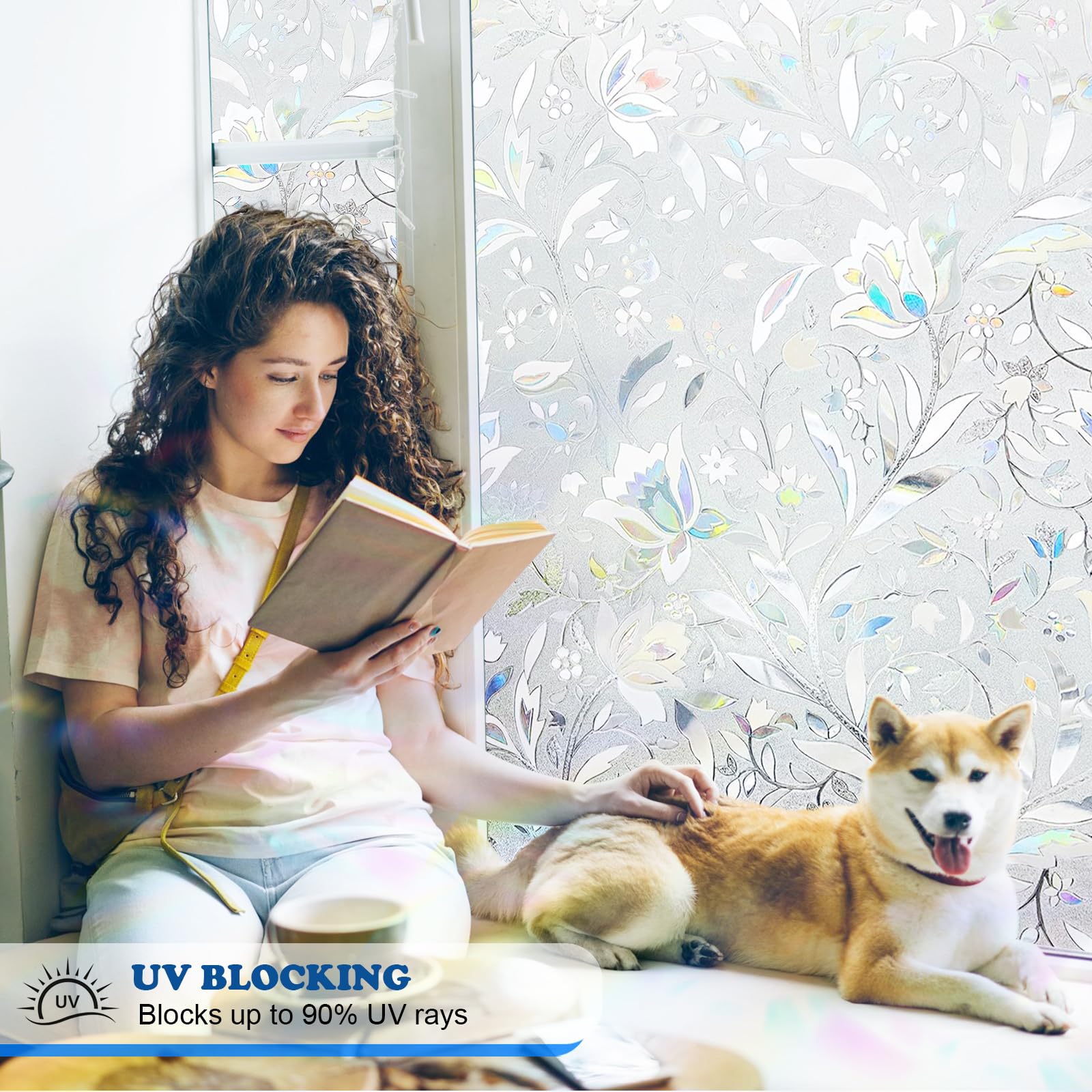 Shackcom 3D Rainbow Privacy Window Film - Stained Glass Tulip Pattern (35.4