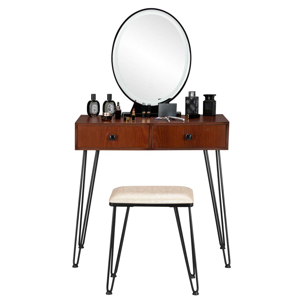 HomVent Vanity Set Makeup Dressing Table with LED Mirror - 3 Color Lighting Modes, 2 Drawers & Cushioned Stool - Elegant Bedroom Vanity Desk for Women | Perfect for Makeup, Skincare & Hair Styling