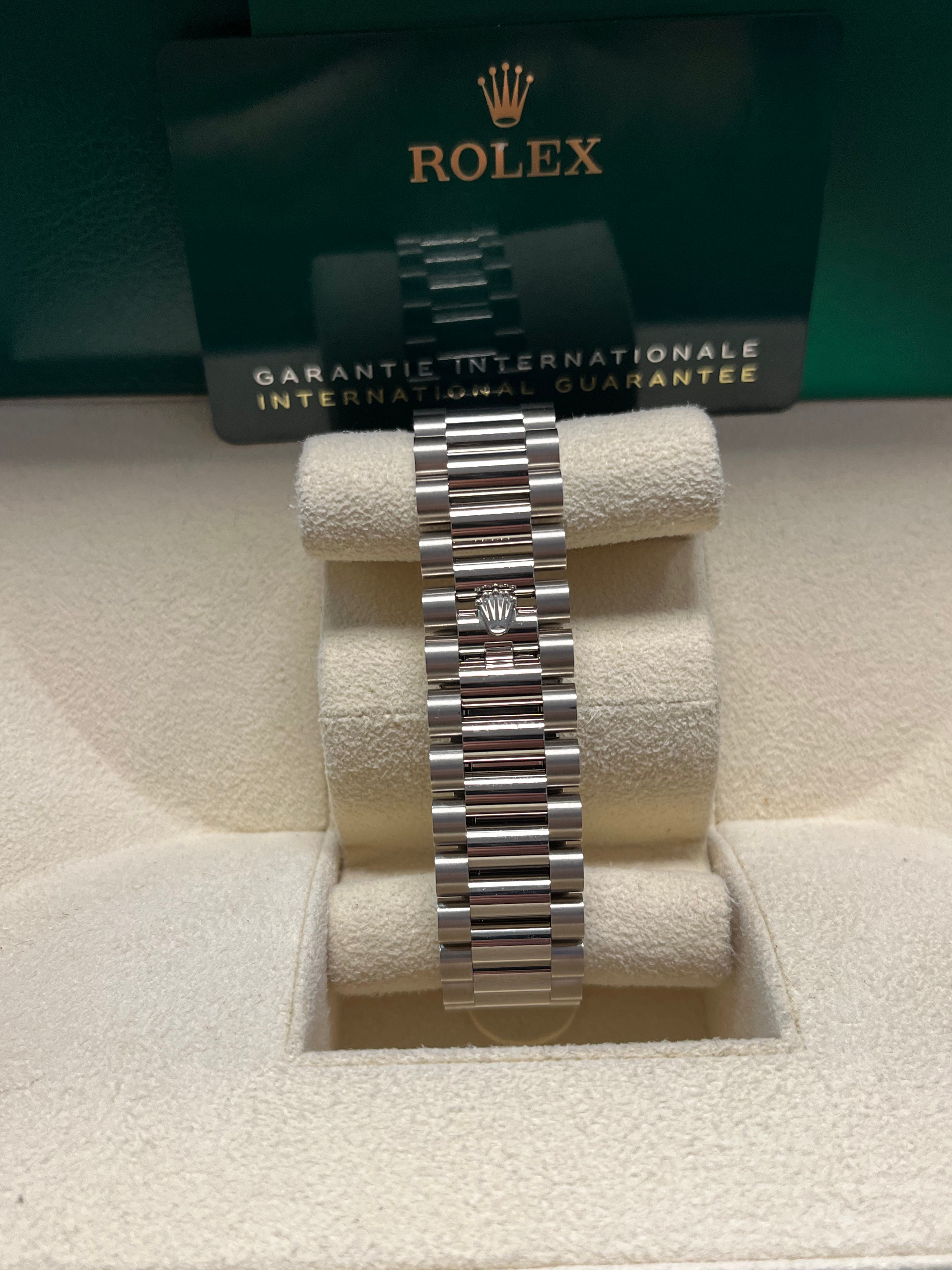 Rolex Day-Date 36 White Gold Watch with Fluted Bezel & Blue Ombre Diamond Dial - President Bracelet (Ref #128239) | Luxury Dress Watch for Business & Formal Occasions