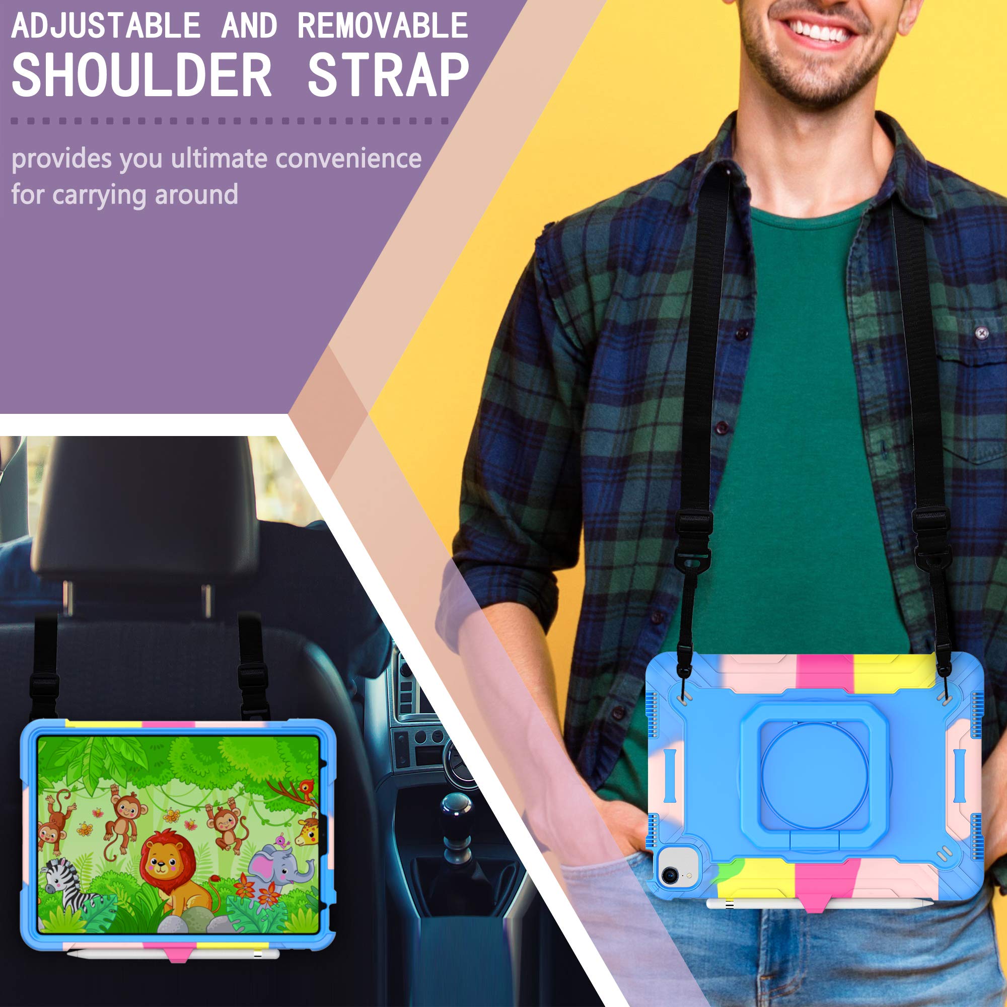 Dteck Shockproof iPad Air 5 Case 2022 & iPad Air 4 10.9 Case 2020 & iPad Pro 11 Case - Heavy Duty Drop Protection Cover with Stand, Anti-Scratch Kids Design & Adjustable Hand/Shoulder Strap (Rainbow & Blue) - Perfect for School, Travel & Outdoor Activities