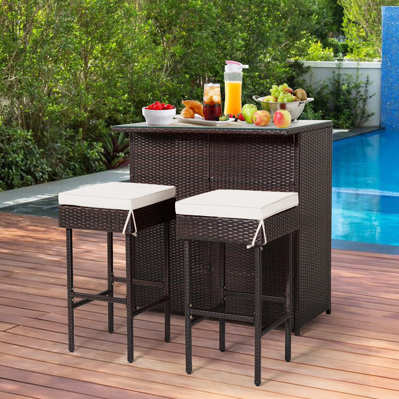 RELAX4FLIE 3-Piece Outdoor Bar Set - Patio Wicker Bar Table & Chairs with Cushioned Stools, 2 Open Shelves & Tempered Glass Top - Rattan Bar Height Set for Poolside, Garden, Backyard, Deck & Outdoor Entertaining (Beige)