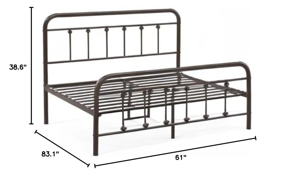 Queen Metal Bed Frame with Headboard & Footboard - Sturdy Steel Farmhouse Bedframe, No Box Spring Needed, Under Bed Storage - Perfect for Kids' Rooms, Guest Bedrooms & Small Spaces (Brown)
