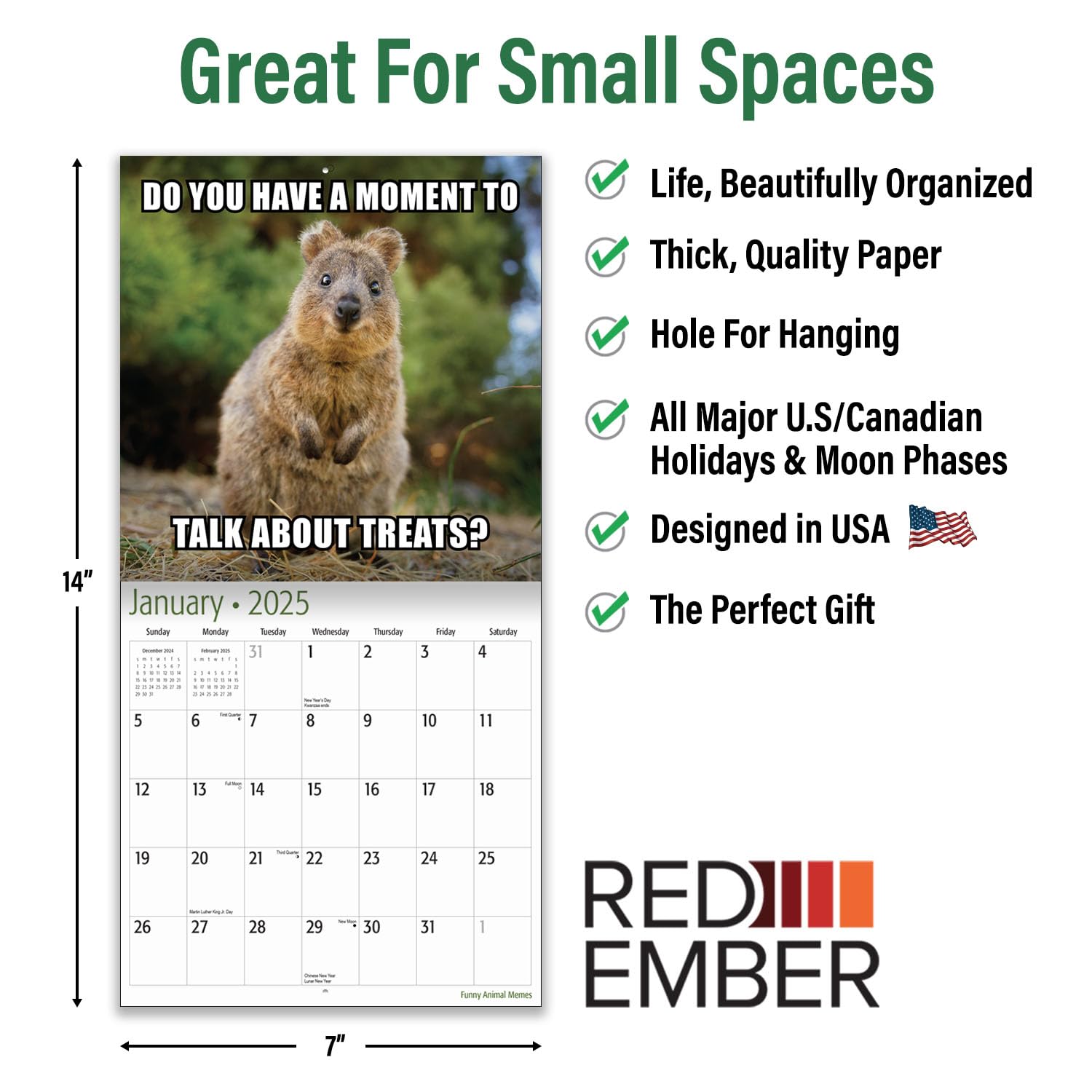 Funny Animal Memes Mini 2025 Wall Calendar - 12 Months, 7