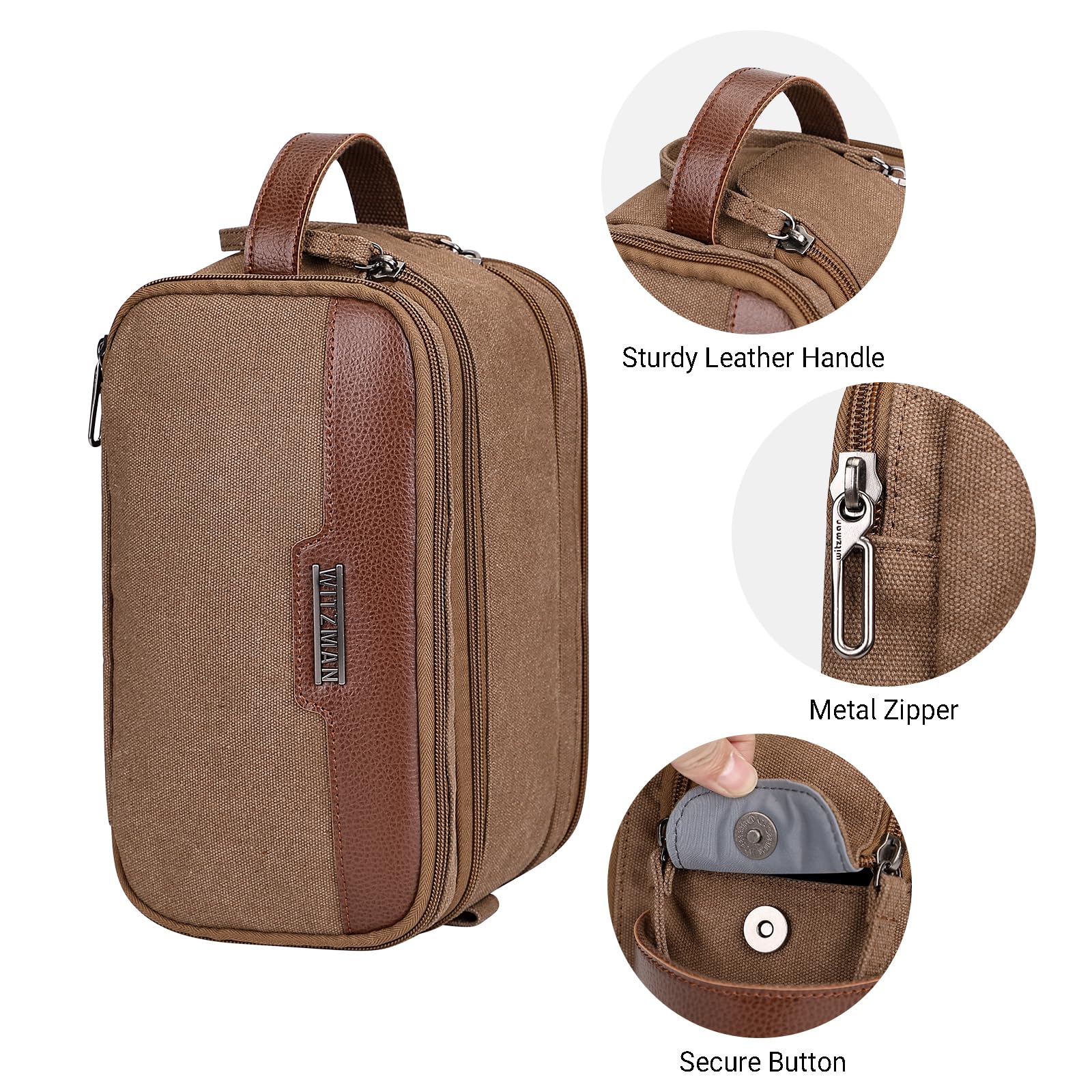 WITZMAN Large Canvas Toiletry Bag for Men - Waterproof Hanging Dopp Kit with Leather Trim, Spacious Travel Bathroom Organizer (Brown A8002) - Perfect for Gym, Camping & Business Trips