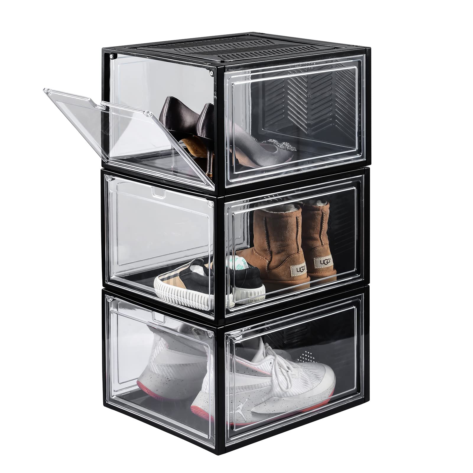 **3-Pack Clear Plastic Magnetic Drop Front Shoe Storage Boxes – Stackable Shoe Organizer & Luxury Sneaker Display Case (X-Large, Fits Men's Size 14) – Black & Clear for Closet, Bedroom & Sneaker Collection**