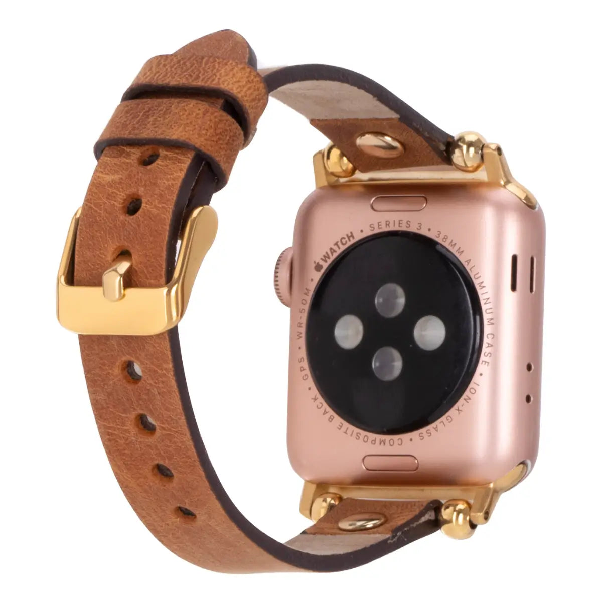 Premium Camel Leather Ultra Slim Apple Watch Band with Gold Rivets - Stylish & Durable for Workouts, Office & Everyday Wear