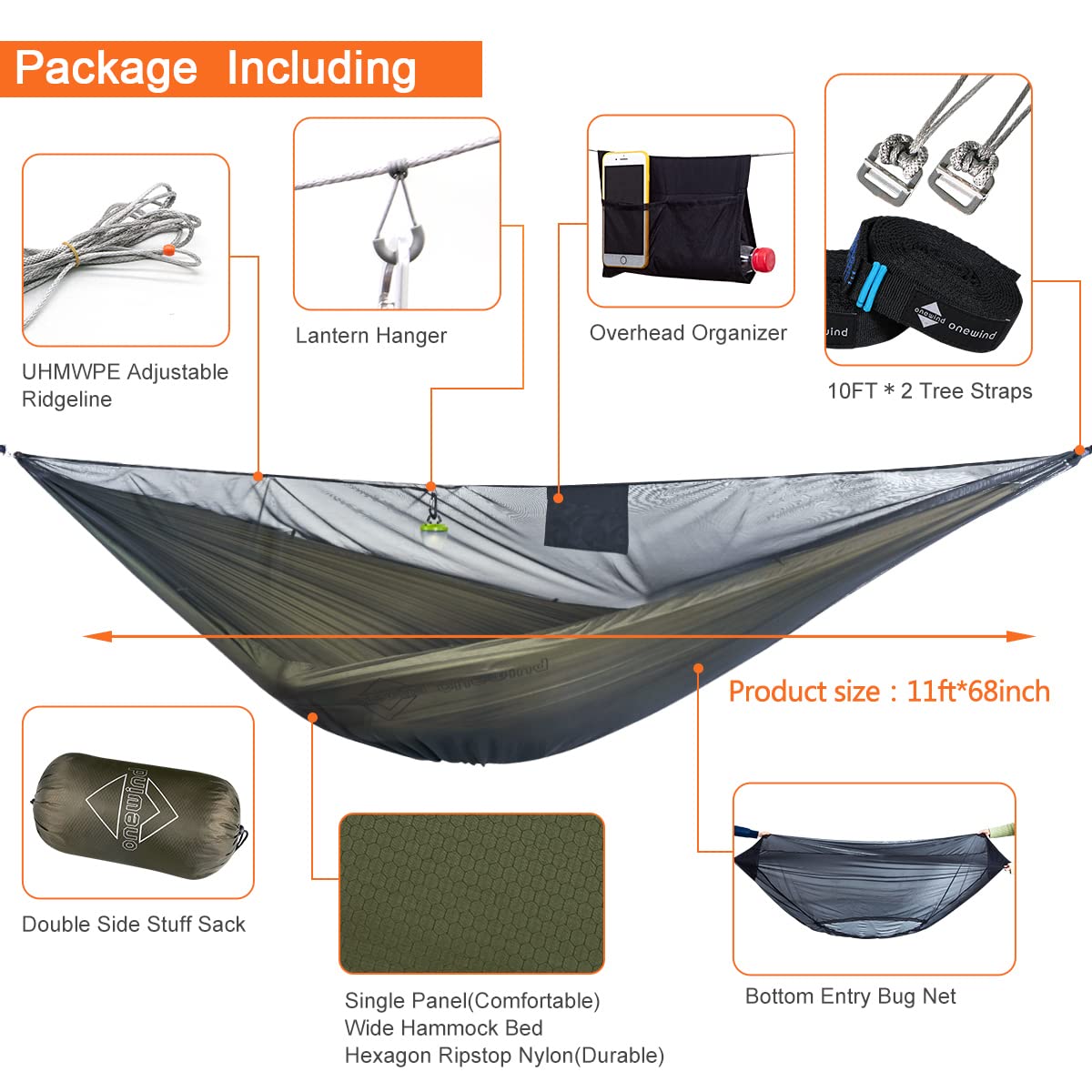 Onewind 11' Camping Hammock with Underquilt - Lightweight Portable Full-Length Outdoor Sleeping System in OD Green - Perfect for Backpacking, Hiking & Camping Adventures