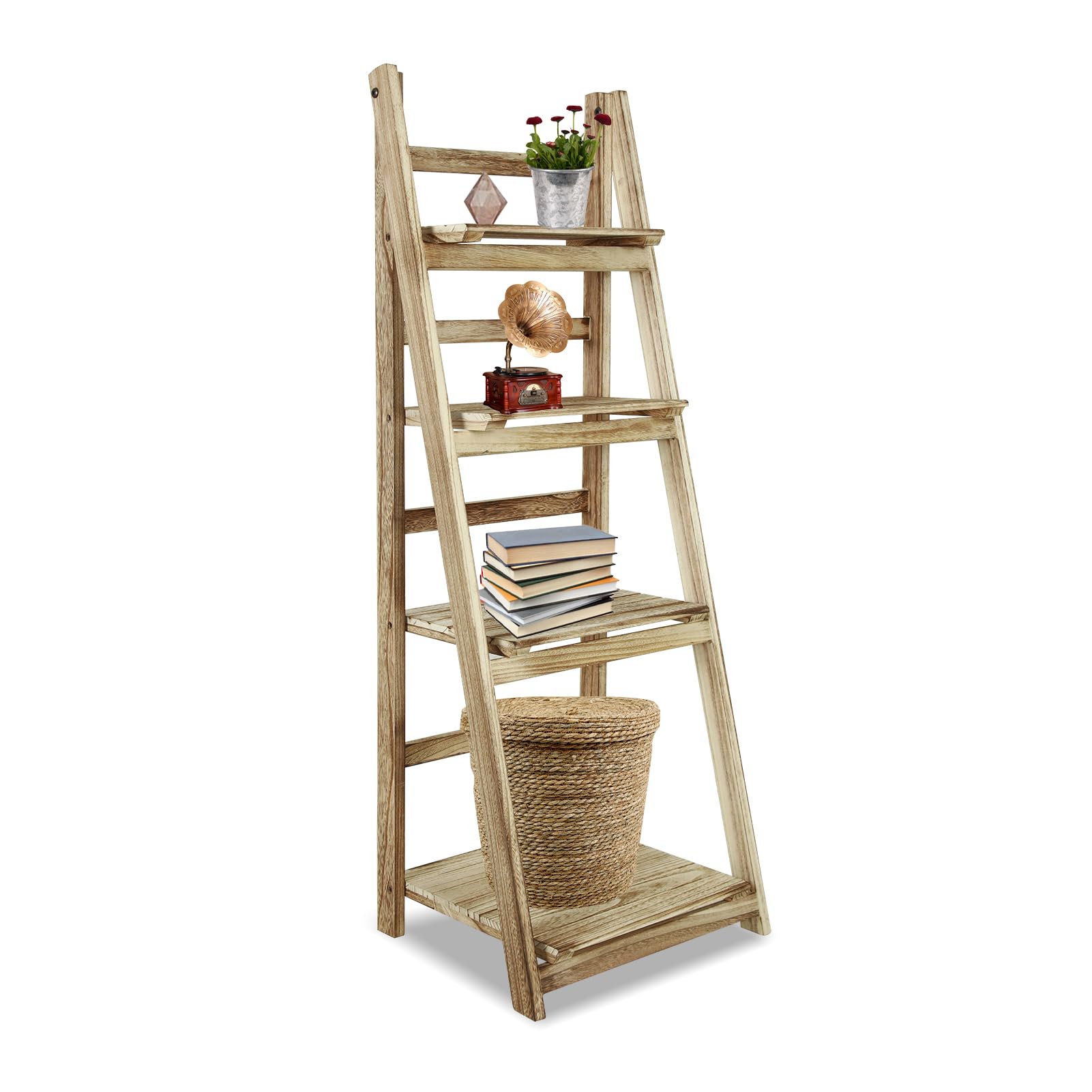 ECOMEX 4-Tier Wooden Ladder Shelf - Rustic Style Folding Bookshelf & Plant Stand for Indoor Decor, Living Room, Bedroom, or Office | Perfect for Displaying Books, Plants, and Decorative Items