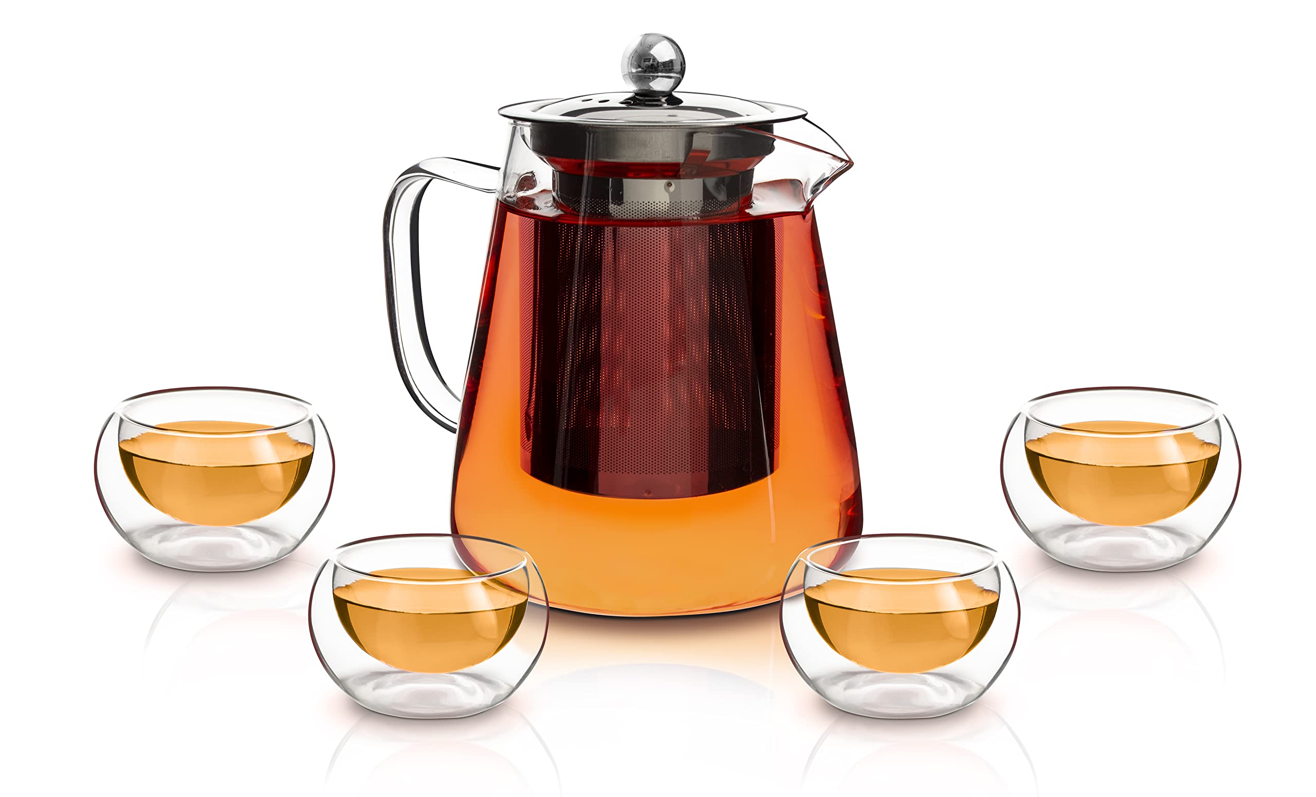 Premium Glass Teapot with Removable Stainless Steel Infuser & 4 Double Wall Glass Cups - Perfect for Loose Leaf Tea Brewing, Iced Tea Making & Gift Giving - Ideal for Home, Office & Tea Party Use