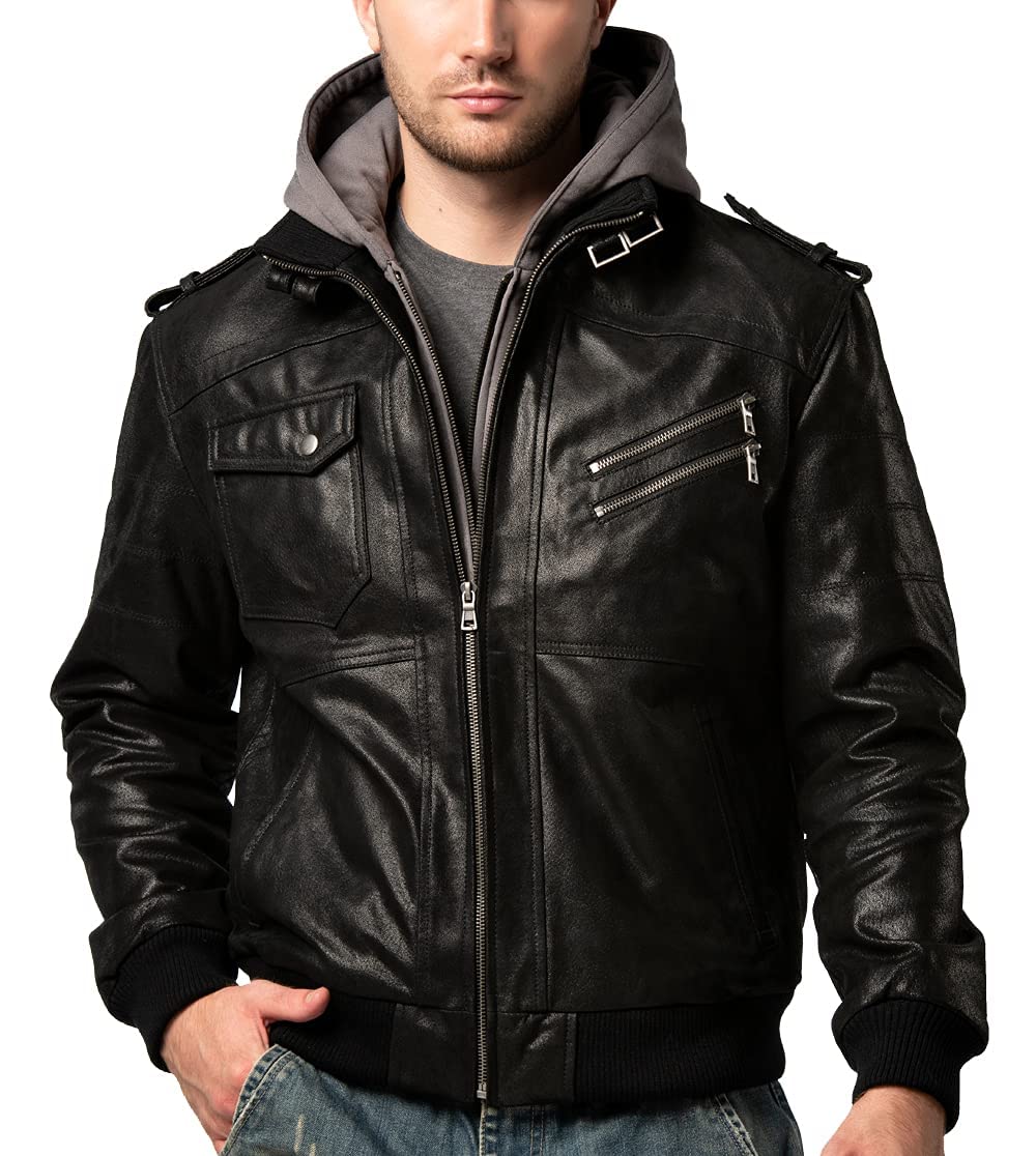 Men's Brown Leather Motorcycle Jacket with Removable Hood - Durable Biker Jacket for Riding & Casual Wear