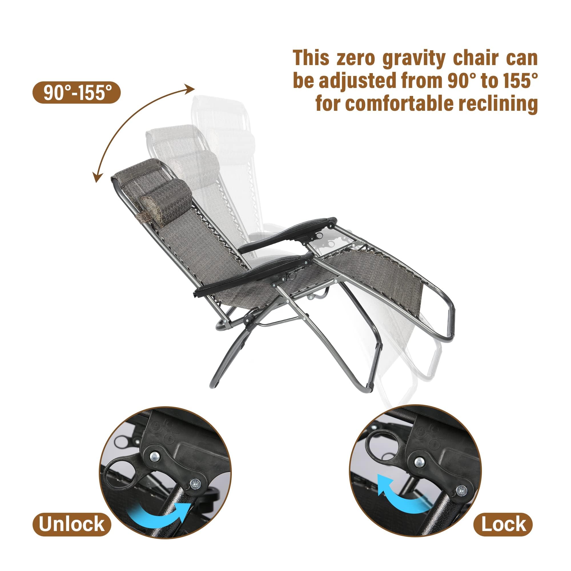 LUCKYERMORE Adjustable Textilene Zero Gravity Chairs Set of 2 - Diamond Design Outdoor Folding Recliners with Pillow, 300 LBS Capacity - Perfect for Poolside, Beach, Patio, Backyard & Camping (Grey & Brown)
