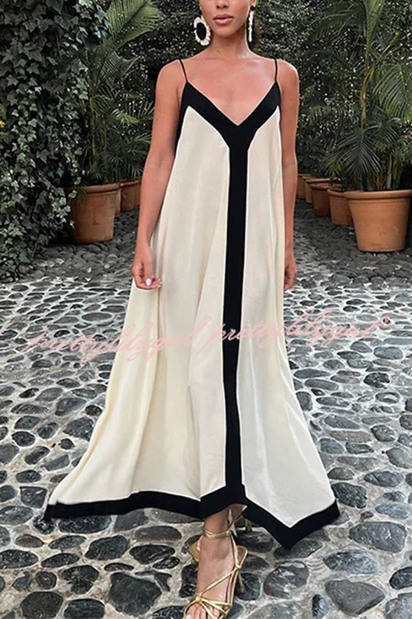 Horizon Satin Colorblock Strap Loose Maxi Dress for Women - Summer Beach Vacation, Boho Chic Outfit, Evening Party Wear