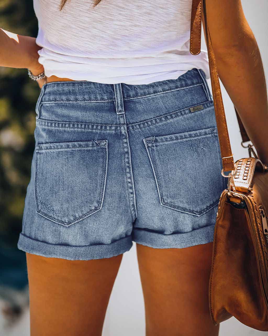 Women's High Waisted Ripped Denim Shorts - Stretchy Comfort Fit with Cuffed Hem - Trendy Distressed Jean Shorts for Summer Outfits, Beach Vacations & Casual Wear