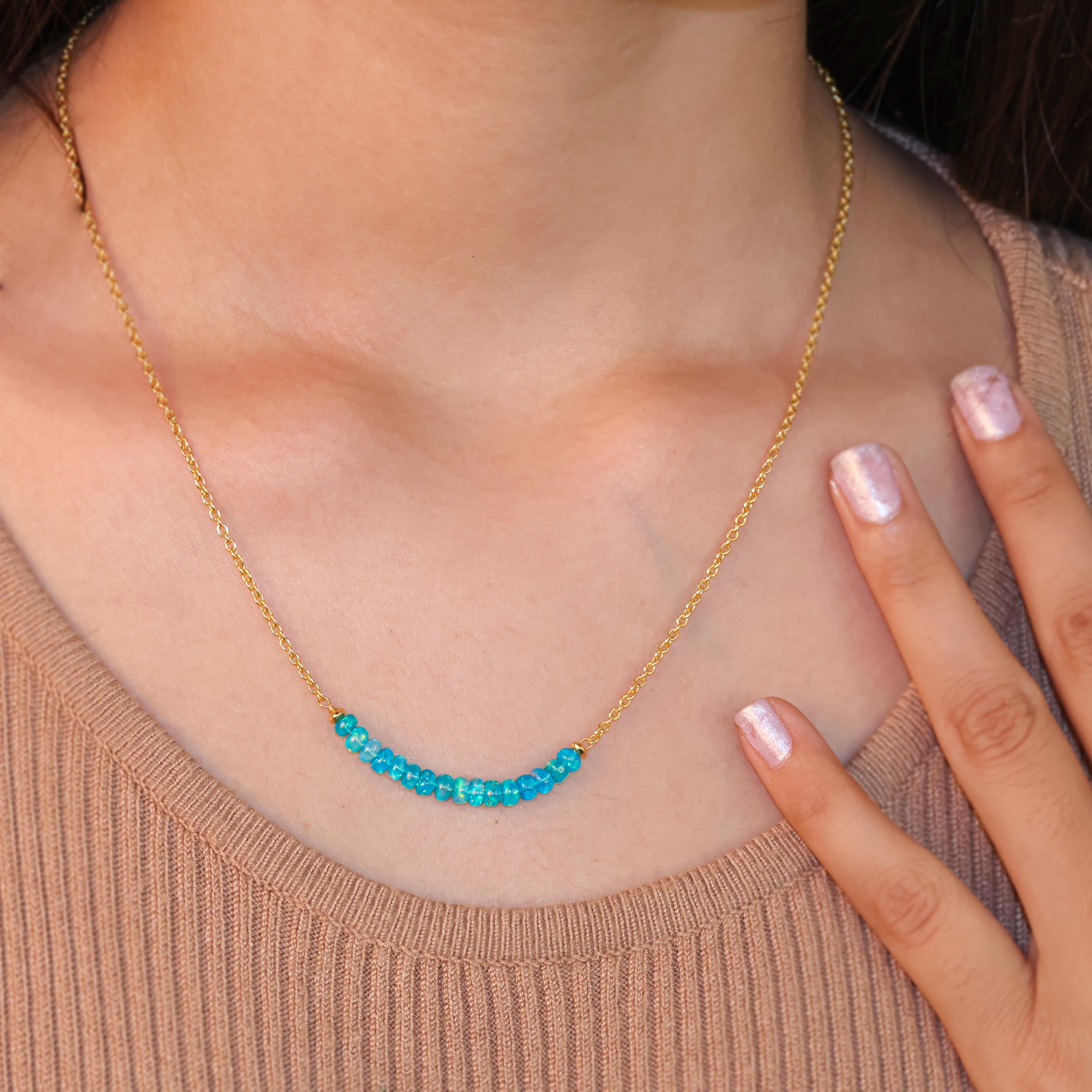 Elegant Curve Bar Chain Beaded Necklace with Natural Paraiba Opal - Perfect for Evening Parties, Weddings & Special Occasions