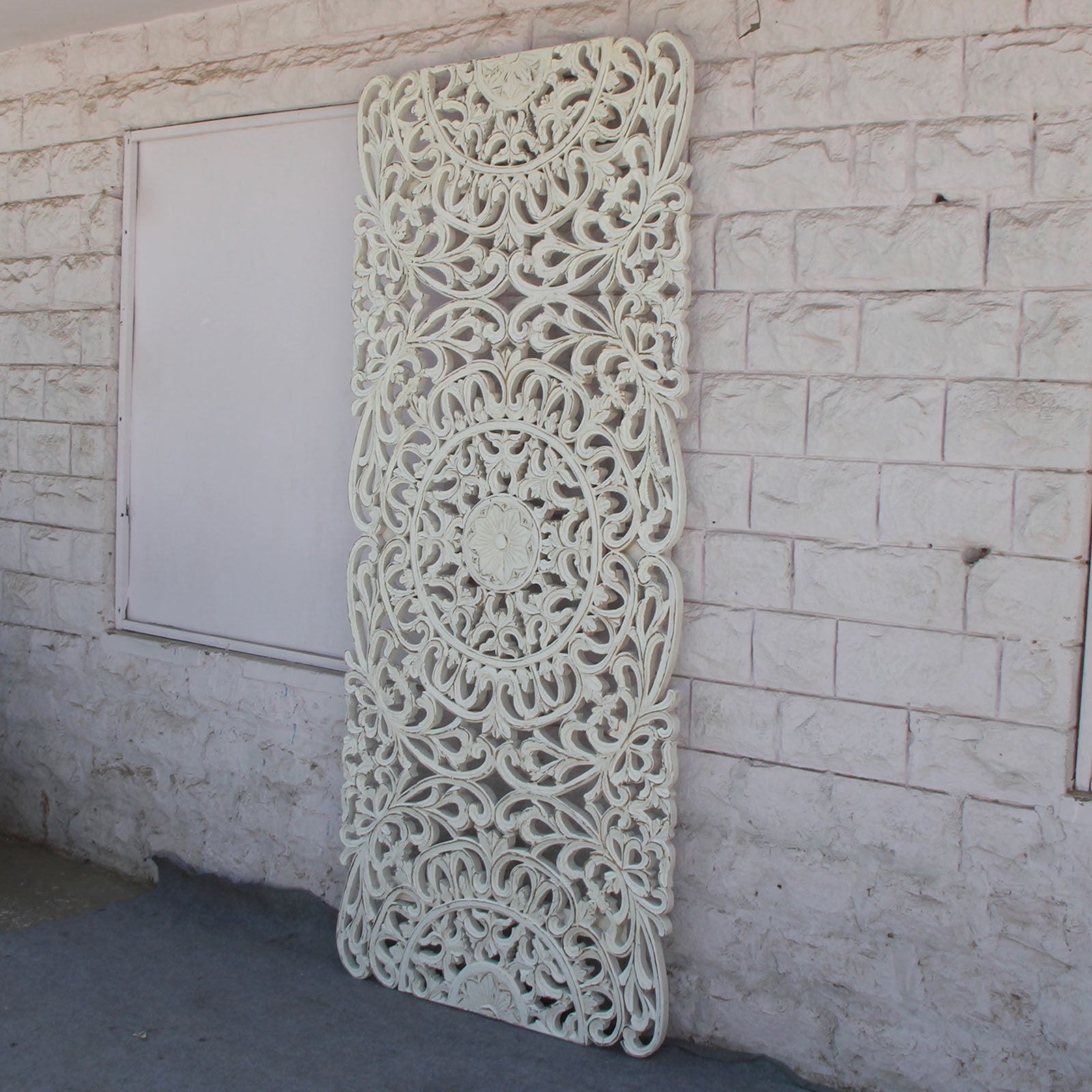 Handcrafted Dynasty Carved Panel Bed Headboard in Whitewash Finish - Perfect for Master Bedroom, Guest Room & Farmhouse Decor