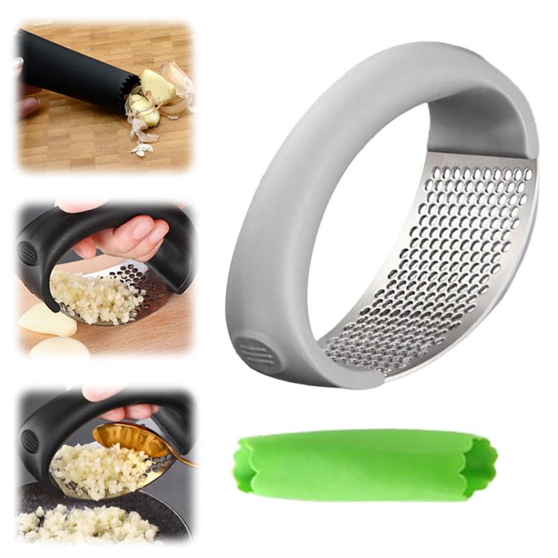Premium Stainless Steel Garlic Press & Rocker Crusher - Heavy Duty Manual Garlic Mincer with Peeling Drum - Kitchen Gadget for Chopping, Mashing Garlic - Perfect for Home Cooking, Meal Prep & Professional Kitchens (Grey, 1 Set)