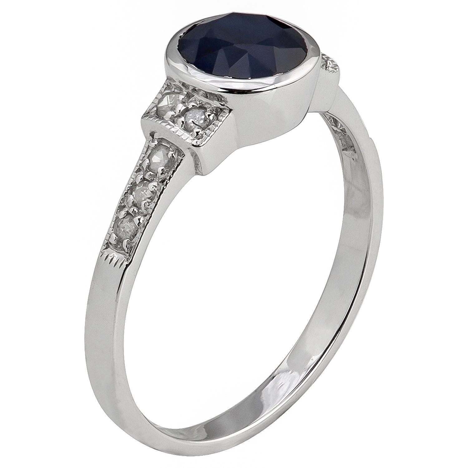 10K White Gold Vintage Style Genuine Round Sapphire & Diamond Ring for Women - Elegant Engagement, Wedding, Anniversary Gift for Her