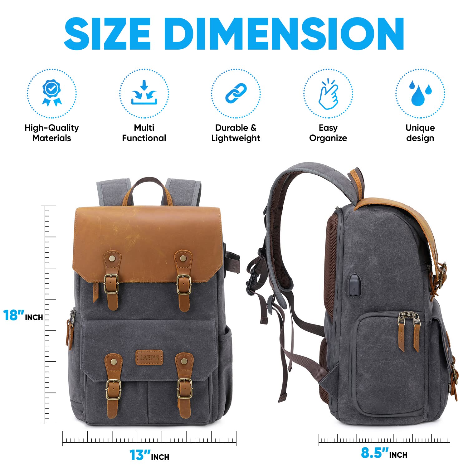 JAEP Vintage Leather Style DSLR SLR Camera Backpack - Waterproof 16oz Waxed Canvas Photography Bag with 15.6