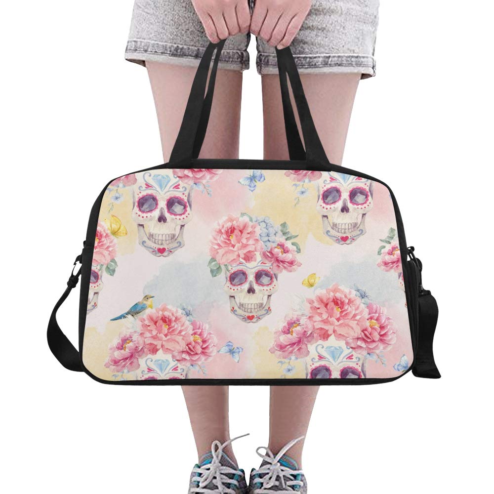 Skull Peony Print Gym Bag - Mexican Style Duffle Bag for Men & Women - Travel, Workout, Fitness & Overnight Shoulder Bag - Perfect for Gym, Sports, Travel & Outdoor Adventures